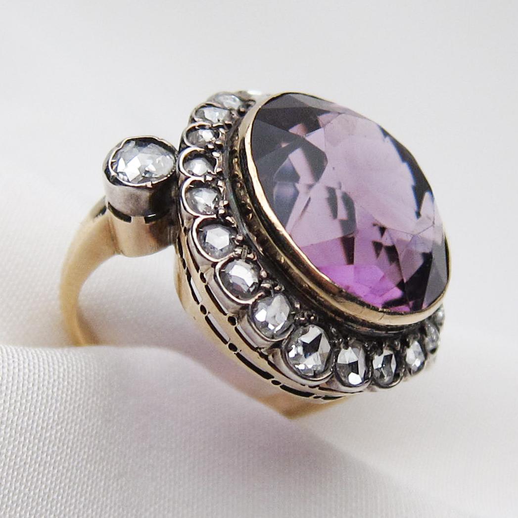 Rose Cut Victorian 14.29 Carat Amethyst and 1.24 Carat Rose-Cut Diamond Halo Ring For Sale