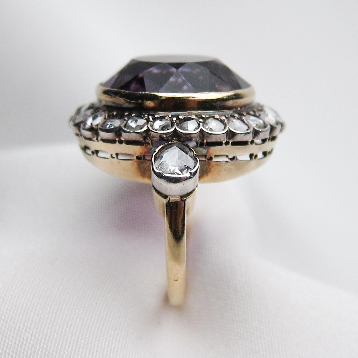 Victorian 14.29 Carat Amethyst and 1.24 Carat Rose-Cut Diamond Halo Ring In New Condition For Sale In Seattle, WA