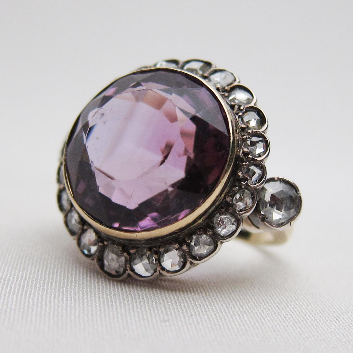 Women's Victorian 14.29 Carat Amethyst and 1.24 Carat Rose-Cut Diamond Halo Ring For Sale