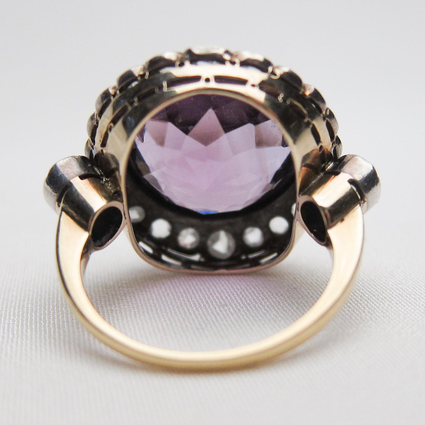 Victorian 14.29 Carat Amethyst and 1.24 Carat Rose-Cut Diamond Halo Ring For Sale 1