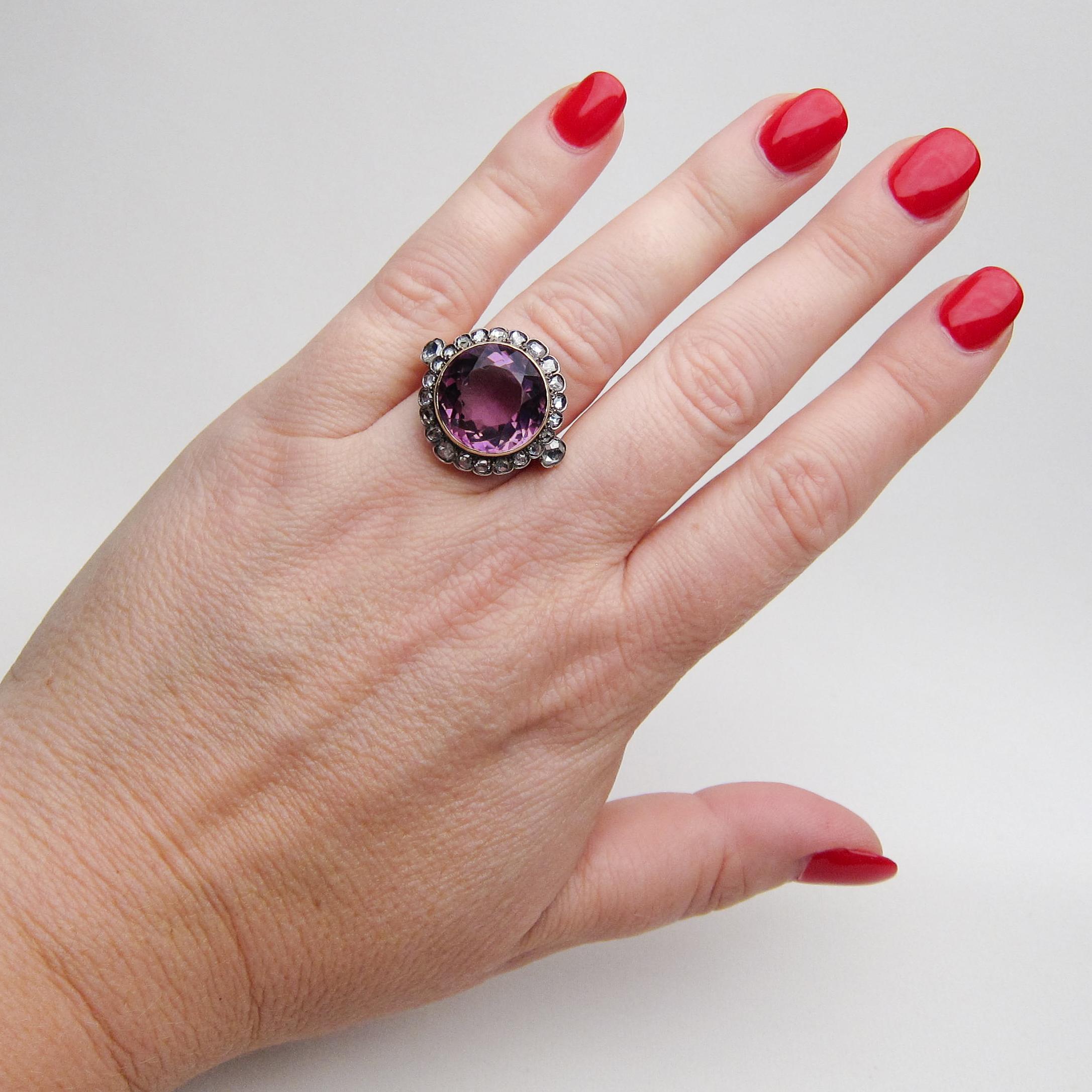 Victorian 14.29 Carat Amethyst and 1.24 Carat Rose-Cut Diamond Halo Ring For Sale 2