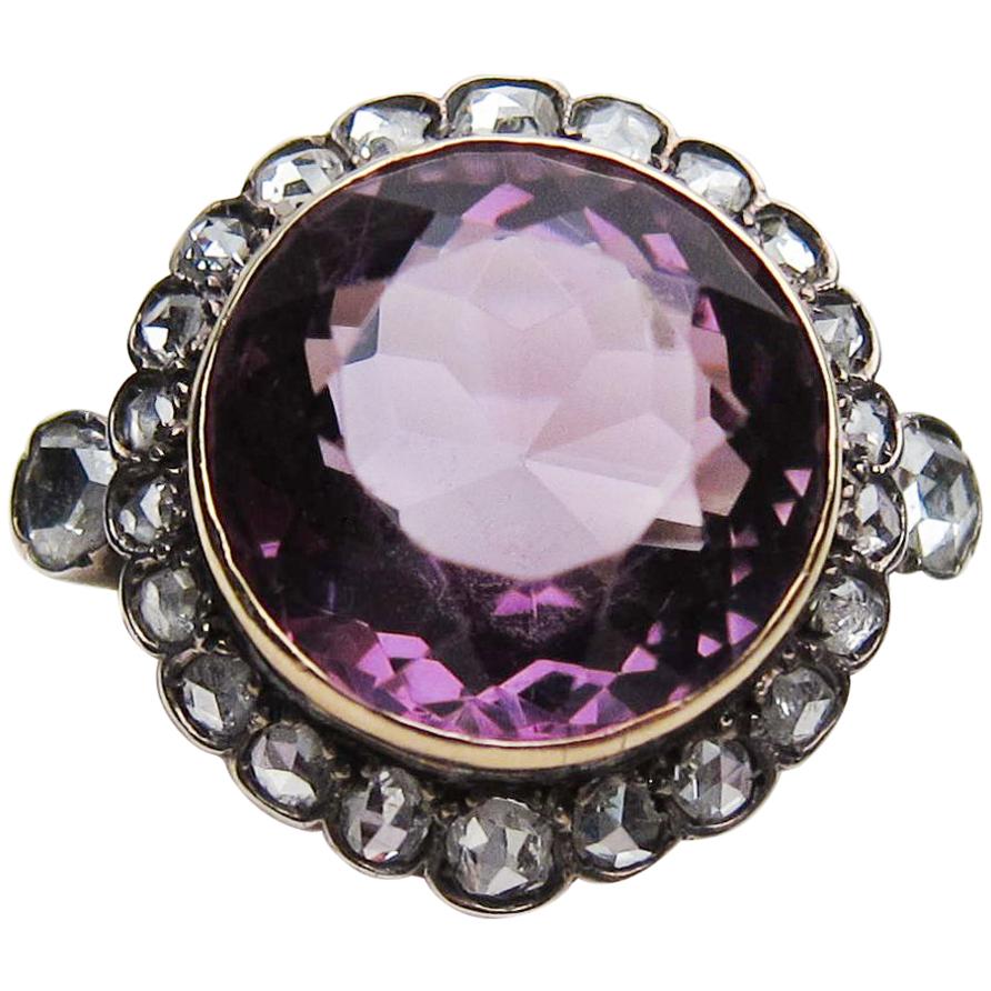 Victorian 14.29 Carat Amethyst and 1.24 Carat Rose-Cut Diamond Halo Ring For Sale