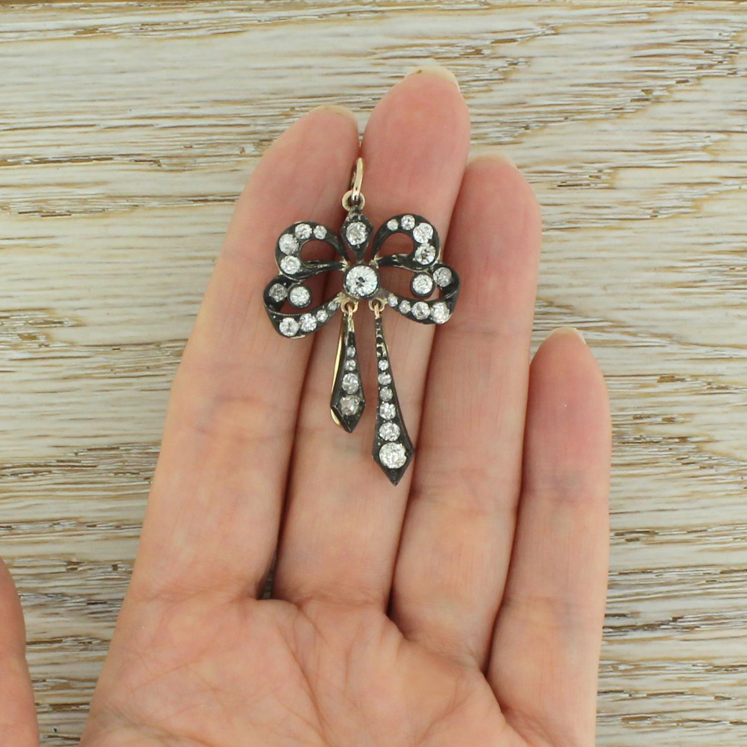 Women's Victorian 1.43 Carat Old Cut Diamond “Bow” Pendant For Sale