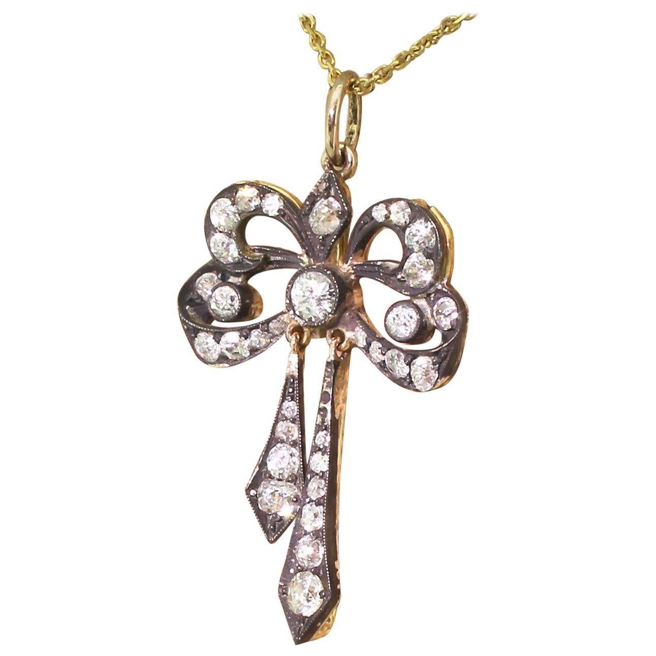 Victorian 1.43 Carat Old Cut Diamond “Bow��” Pendant For Sale