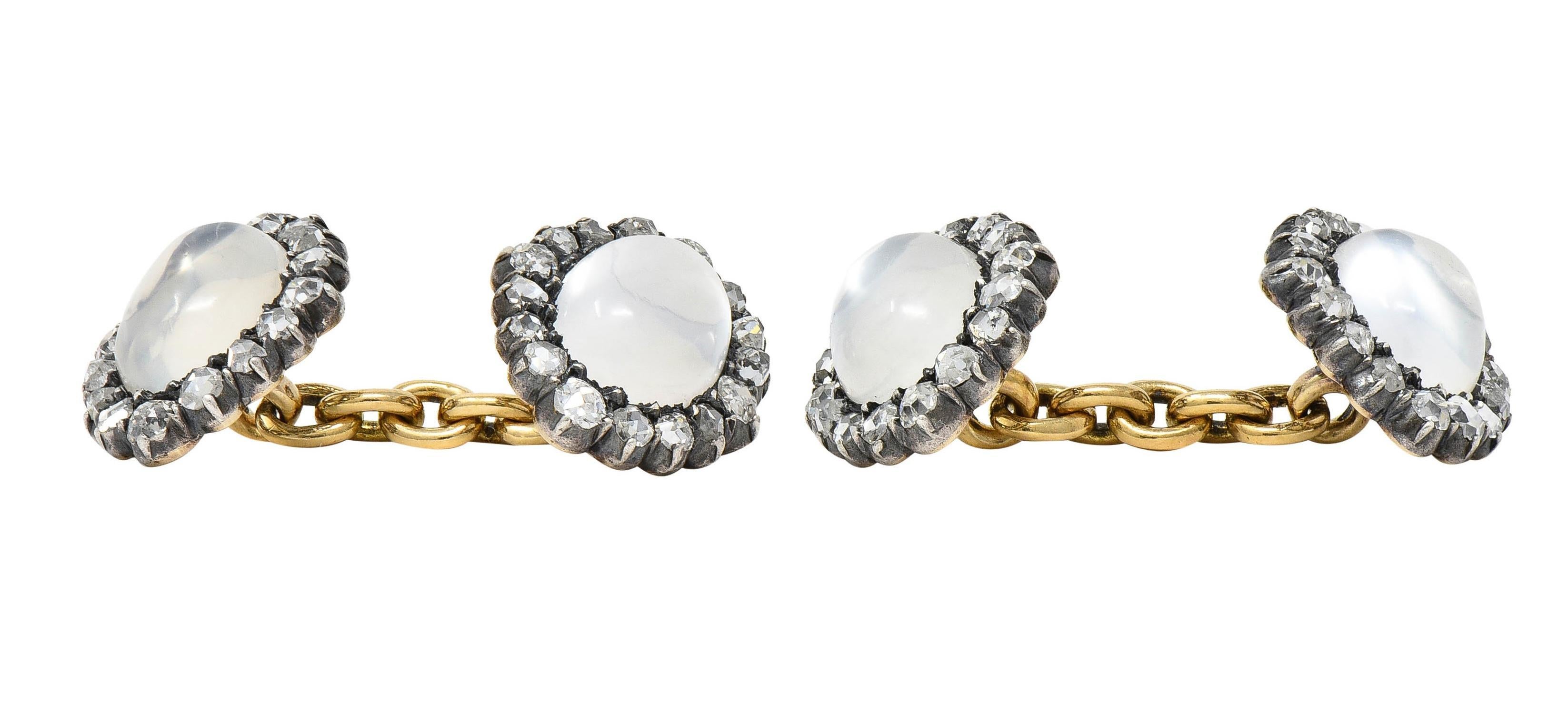 Victorian 1.44 CTW Diamond Moonstone 14 Karat Gold Silver Antique Cufflinks In Excellent Condition For Sale In Philadelphia, PA