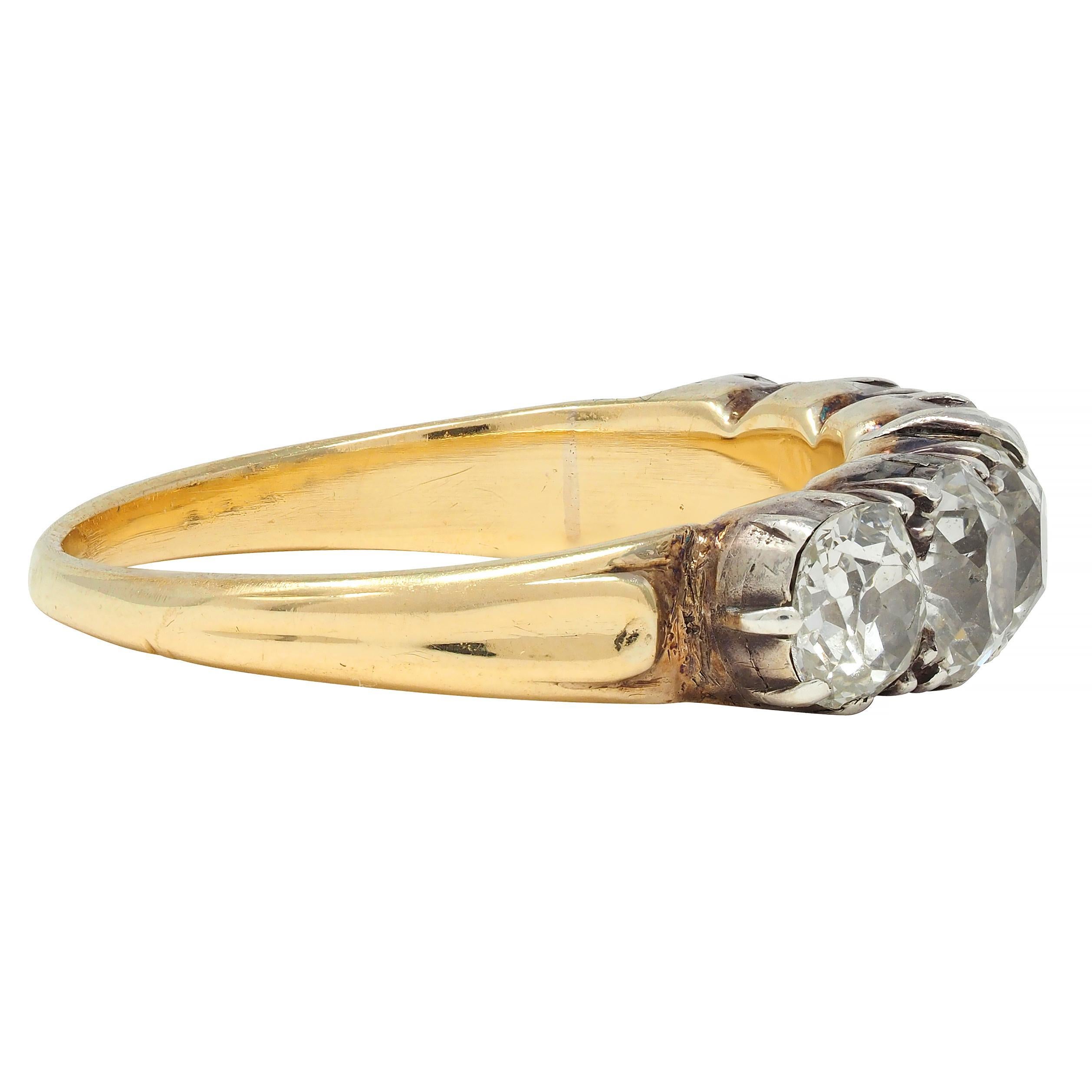 Old Mine Cut Victorian 1.45 CTW Old Mine Diamond Silver 14 Karat Gold Antique Band Ring For Sale