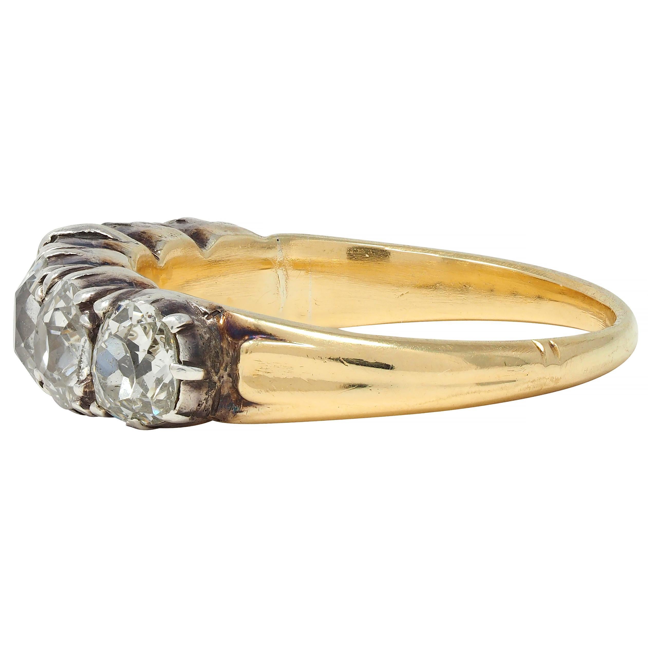 Women's or Men's Victorian 1.45 CTW Old Mine Diamond Silver 14 Karat Gold Antique Band Ring For Sale