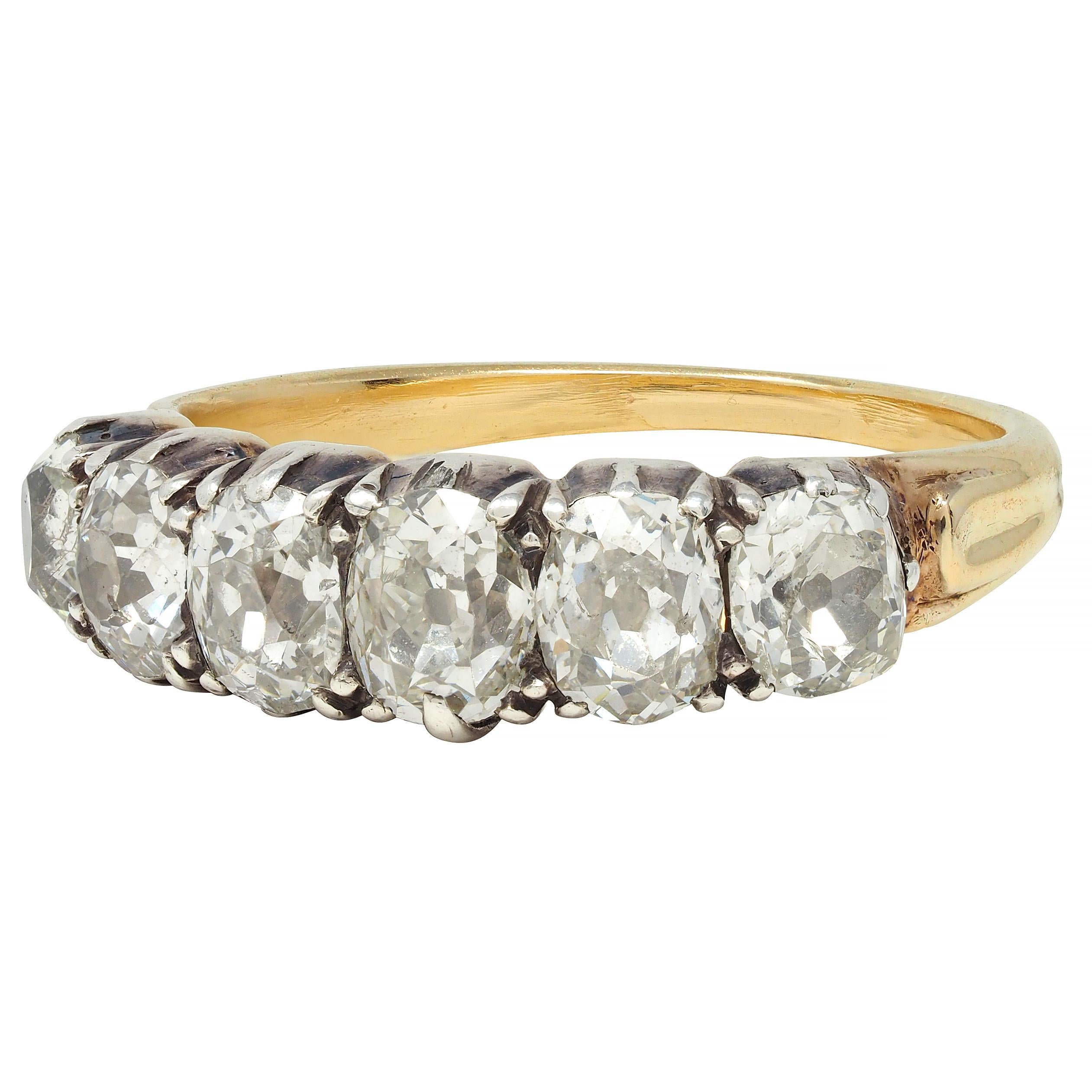 Victorian 1.45 CTW Old Mine Diamond Silver 14 Karat Gold Antique Band Ring For Sale 1