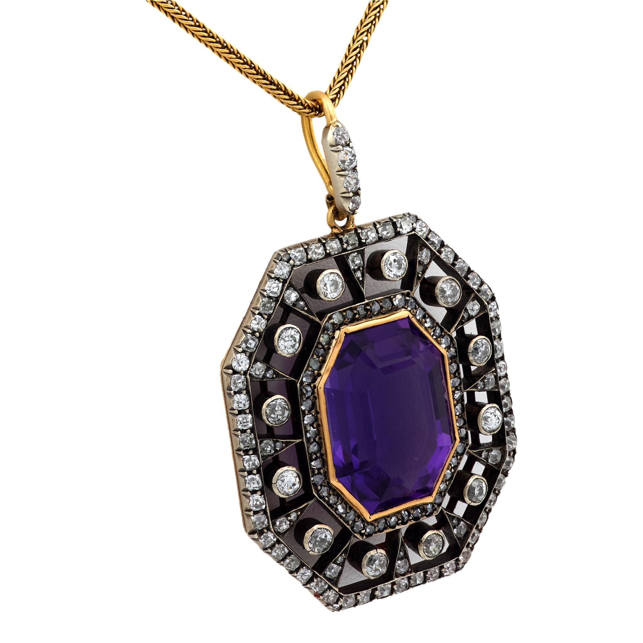 Victorien Collier victorien en or jaune 18k et argent, améthyste et diamant de 14,50 carats en vente