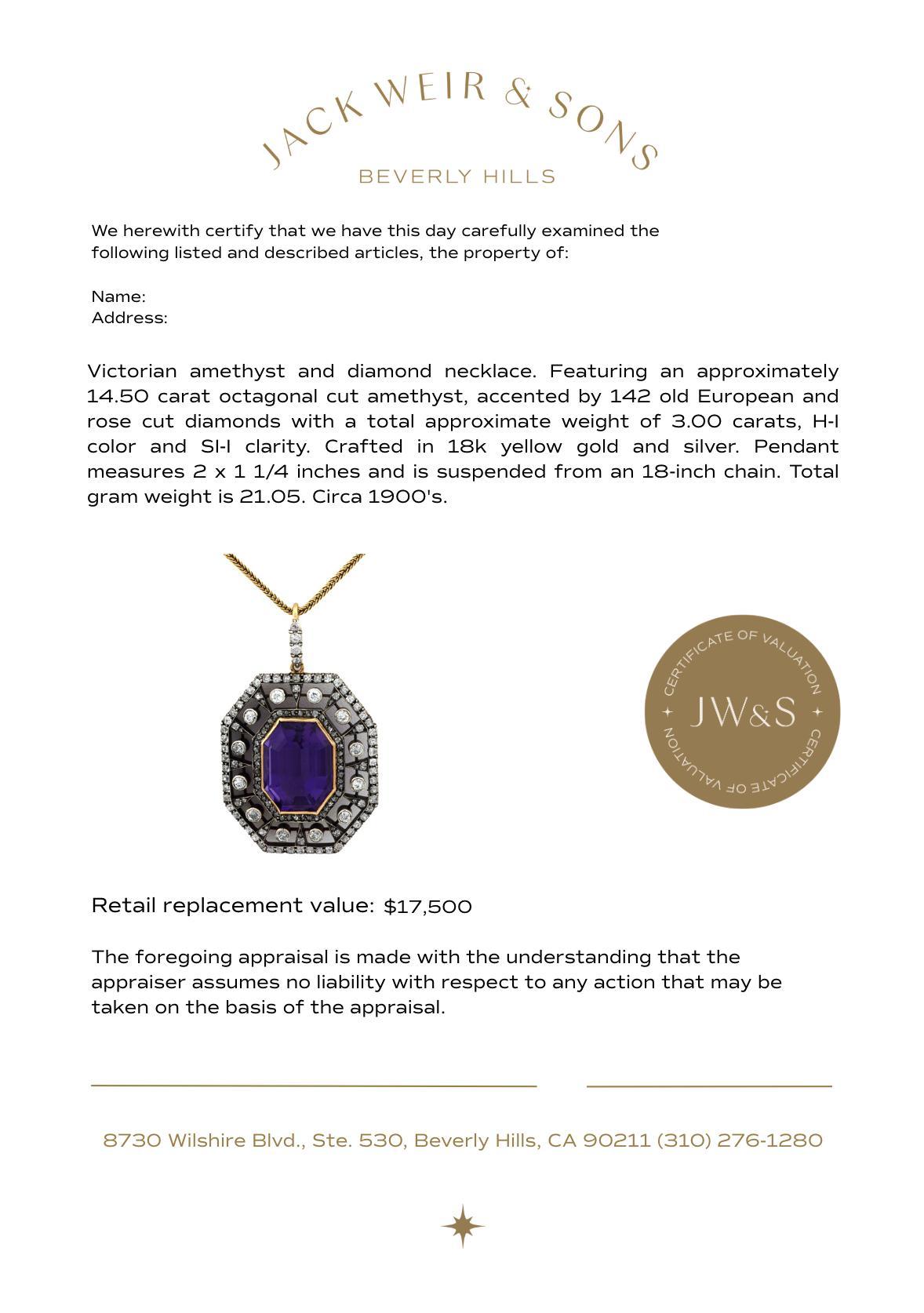 Collier victorien en or jaune 18k et argent, améthyste et diamant de 14,50 carats Bon état - En vente à Beverly Hills, CA