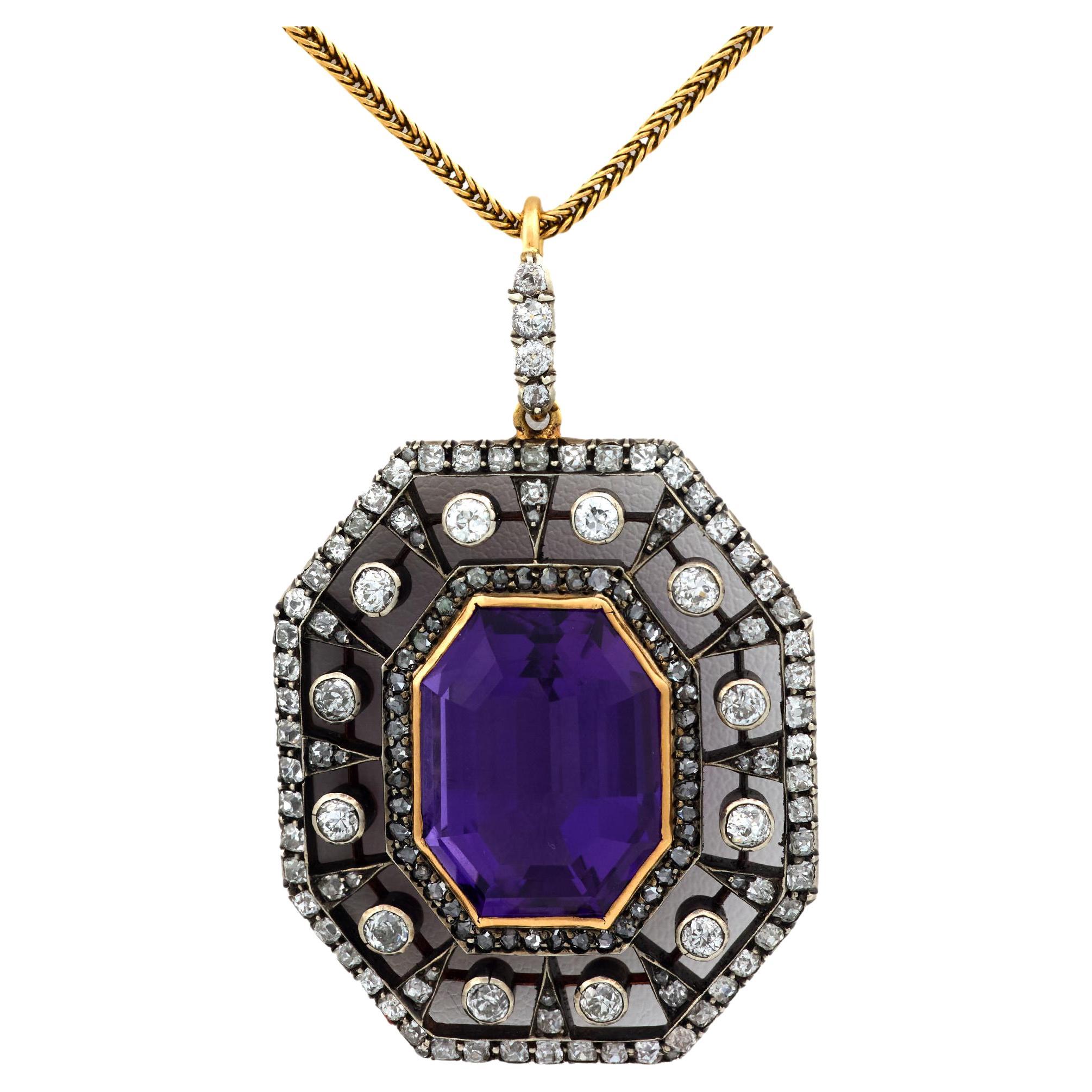 Viktorianische 14,50 Karat Amethyst-Diamant-Halskette aus 18k Gelbgold und Silber