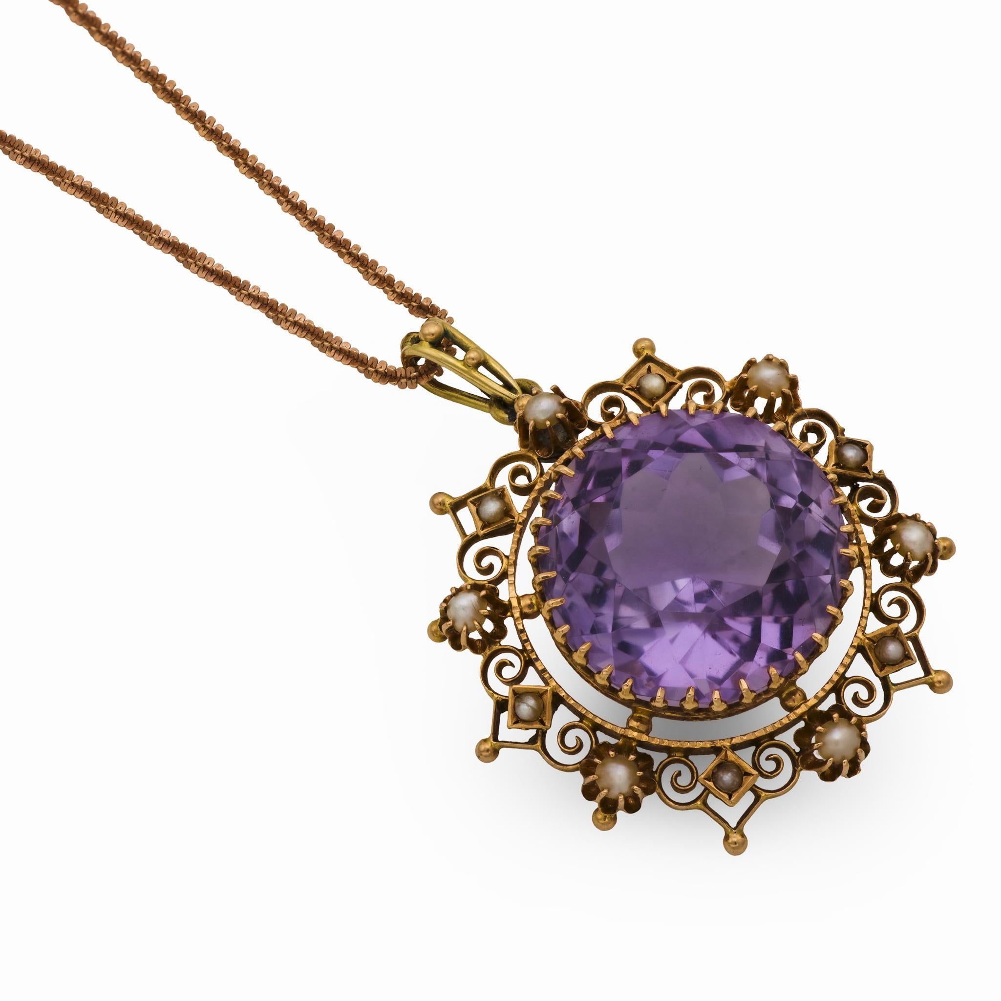 Collier Victorien 14.50 carat améthyste perle de rocaille 14k or jaune et rose Pour femmes en vente