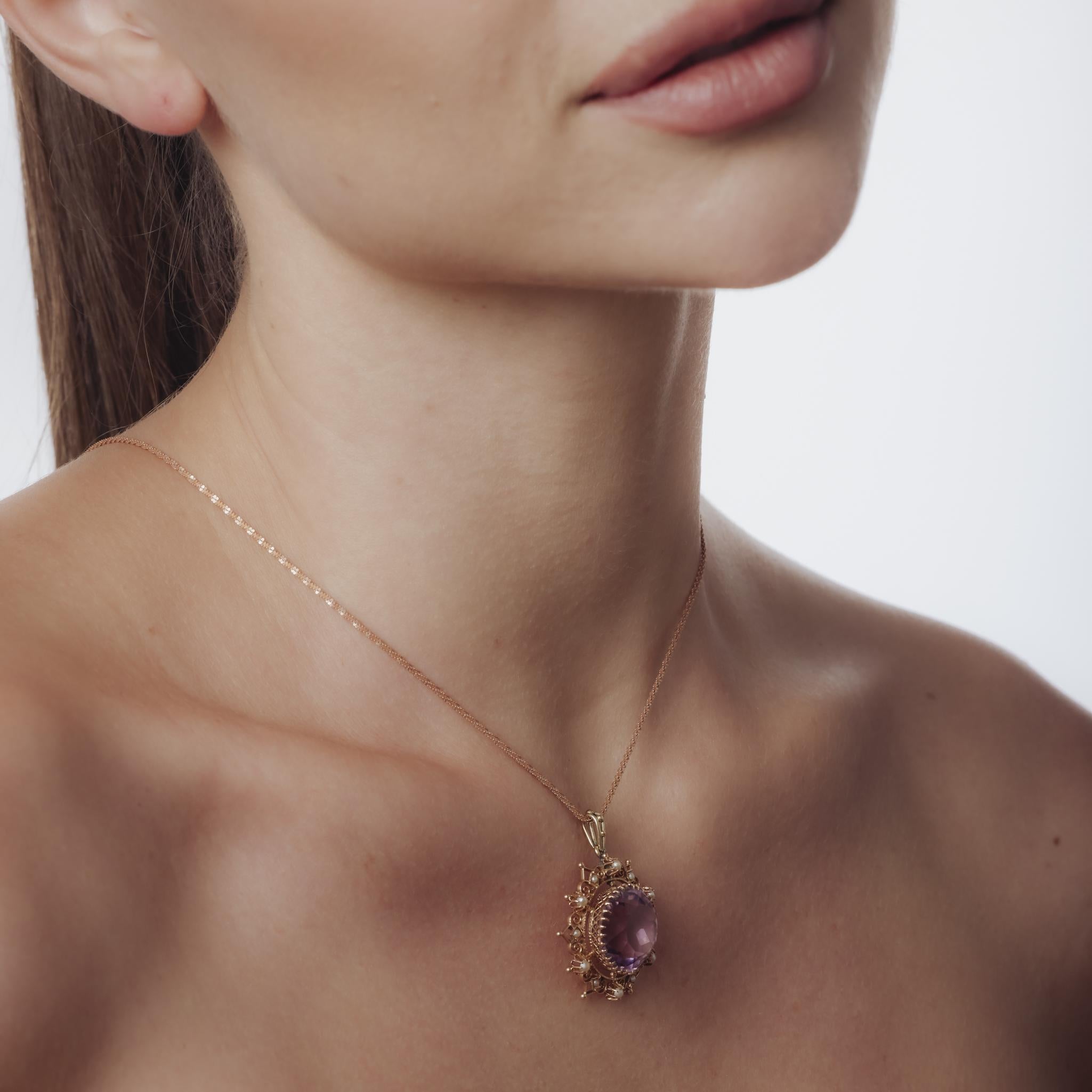 Collier Victorien 14.50 carat améthyste perle de rocaille 14k or jaune et rose en vente 1