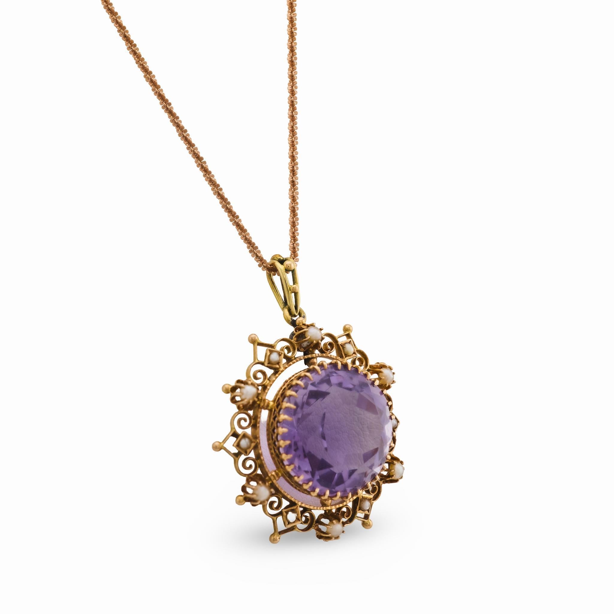 Collier Victorien 14.50 carat améthyste perle de rocaille 14k or jaune et rose en vente 2