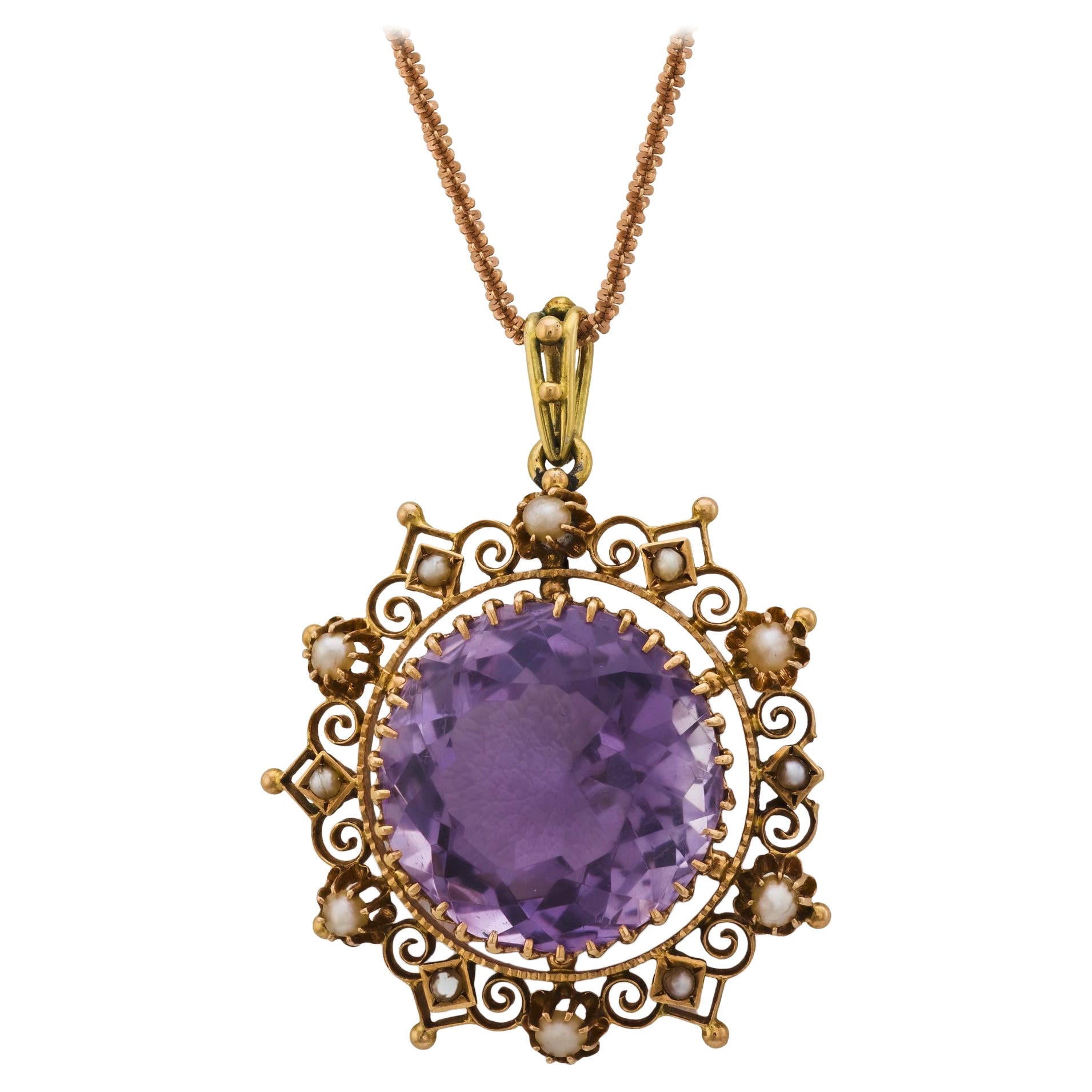 Collier Victorien 14.50 carat améthyste perle de rocaille 14k or jaune et rose en vente