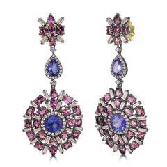 Victorian 14.54ct Tanzanite, Tourmaline & Diamond Earrings in 18K Gold