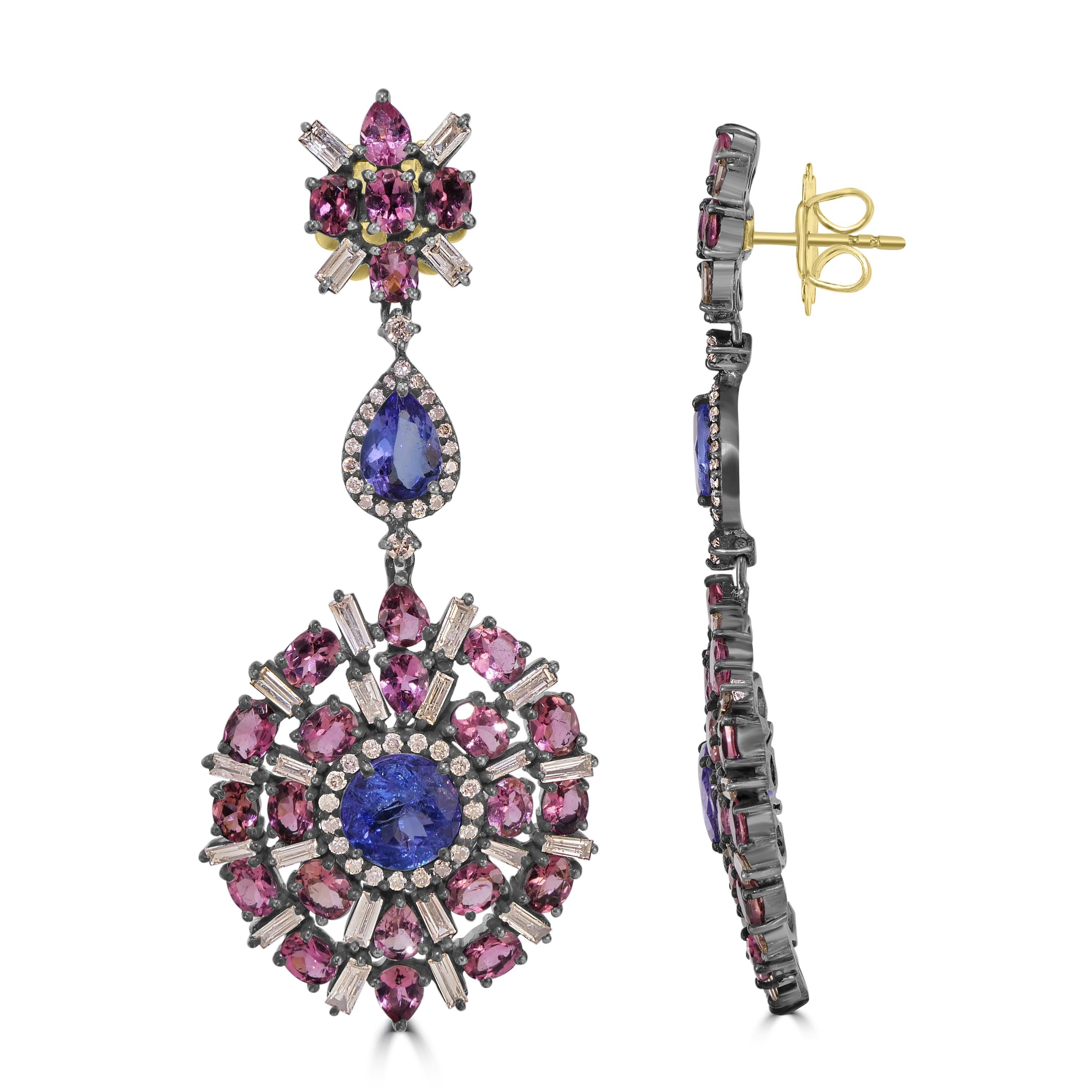 Round Cut Victorian 14.54 Cttw. Tanzanite, Tourmaline and Diamond Dangle Earrings  For Sale