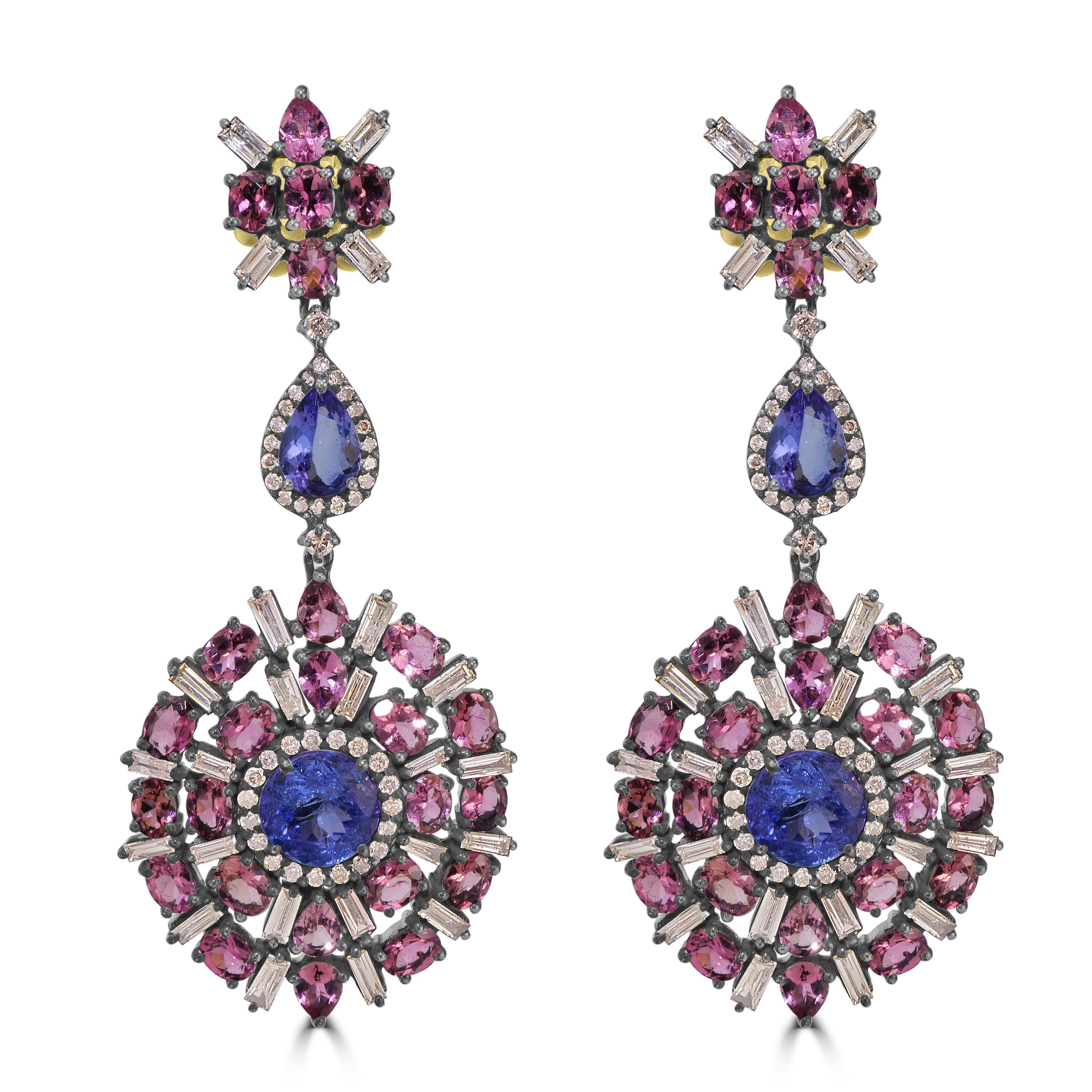 Victorian 14.54 Cttw. Tanzanite, Tourmaline and Diamond Dangle Earrings  In New Condition For Sale In New York, NY