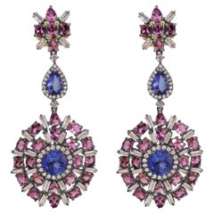 Victorian 14.54 Cttw. Tanzanite, Tourmaline and Diamond Dangle Earrings 