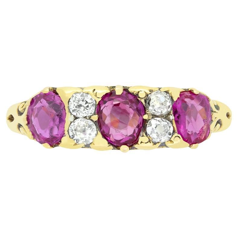 Victorian 1.45ct Pink Sapphire and Diamond Carved Shank Ring, c.1880s For Sale
