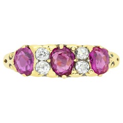 Victorian 1.45ct Pink Sapphire and Diamond Carved Shank Ring, c.1880s