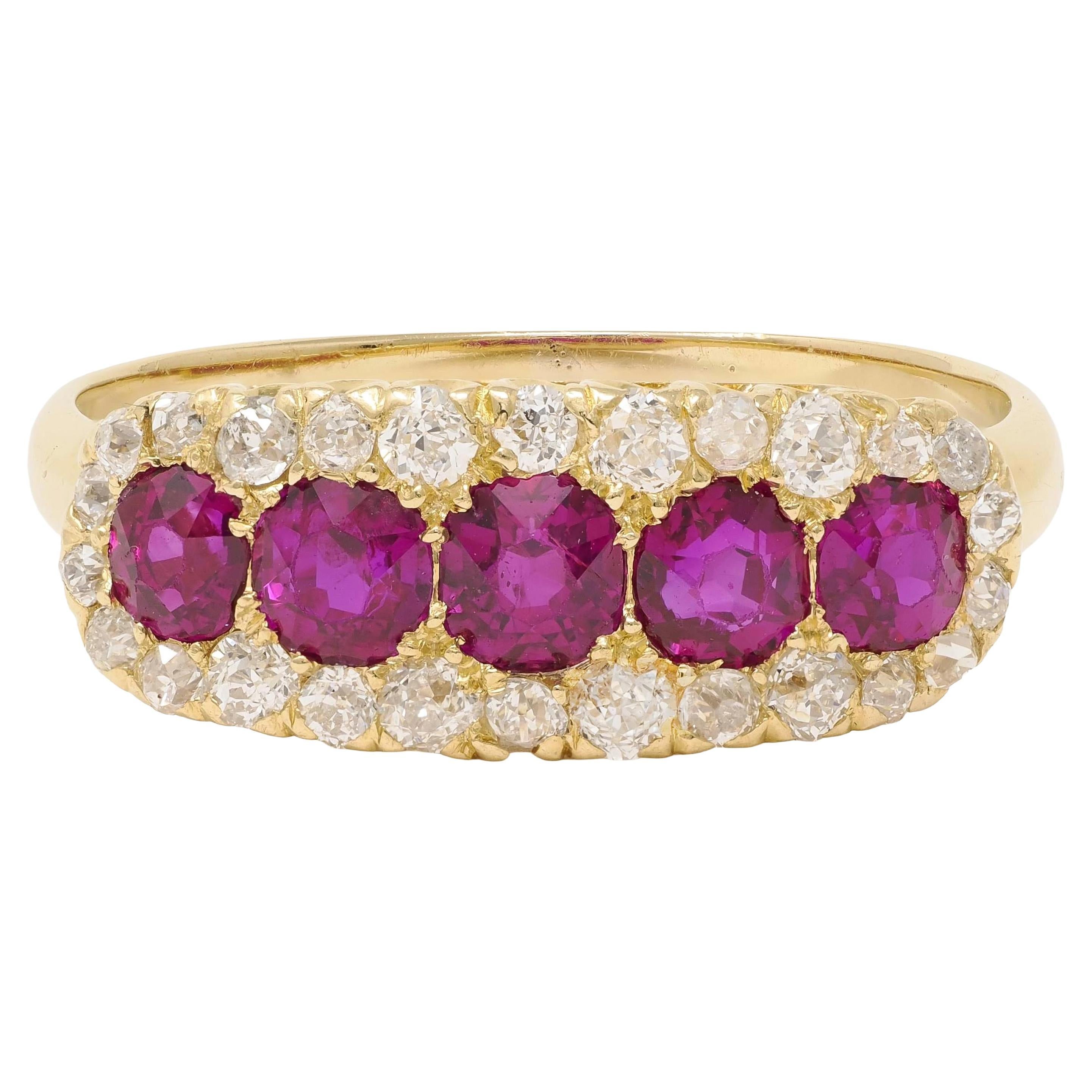 Bague victorienne 1.47 CTW Ruby Diamond Antique Halo Band en or jaune 18 carats