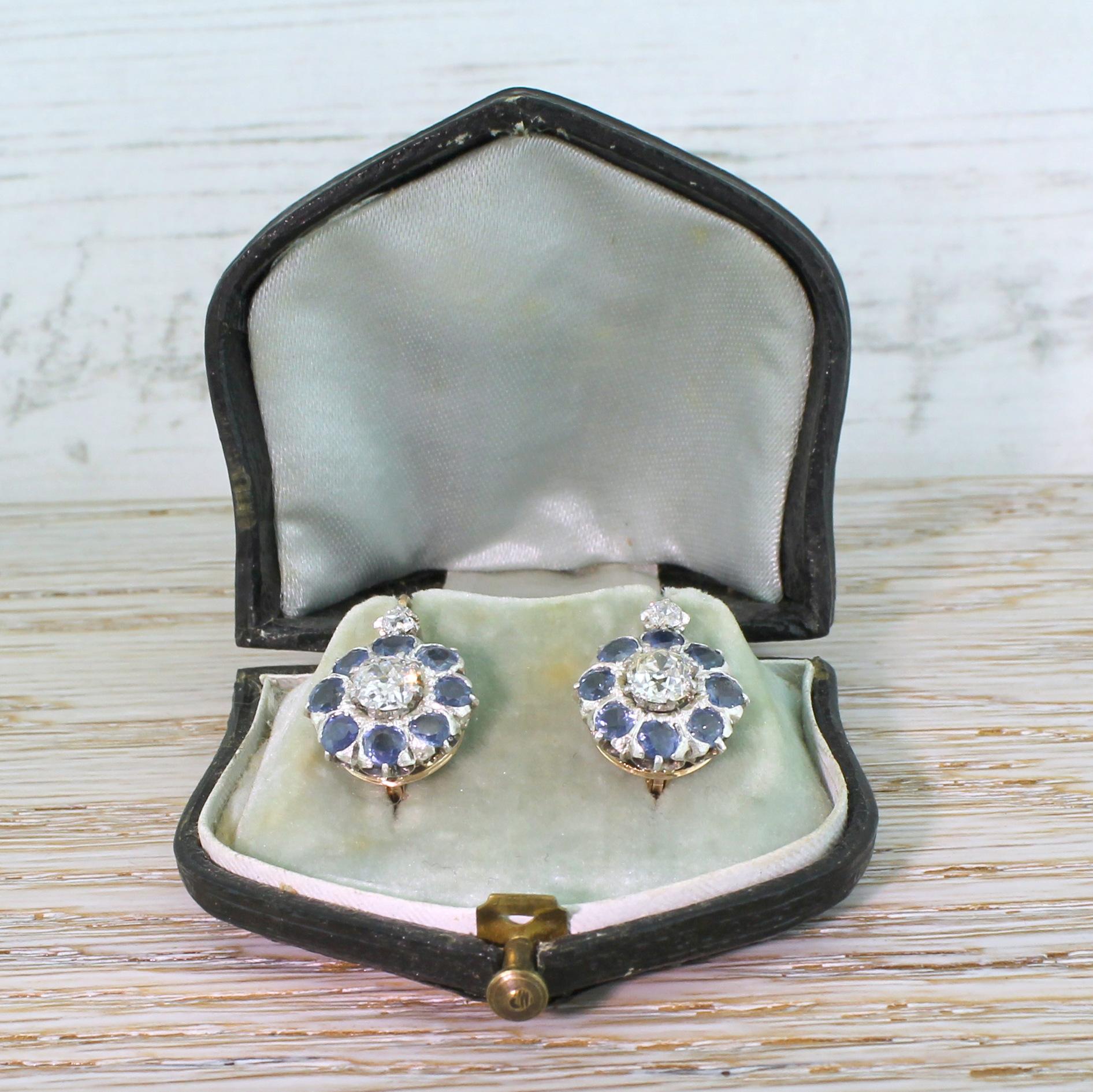 Old Mine Cut Victorian 1.49 Carat Diamond and 2.88 Carat Sapphire Earrings