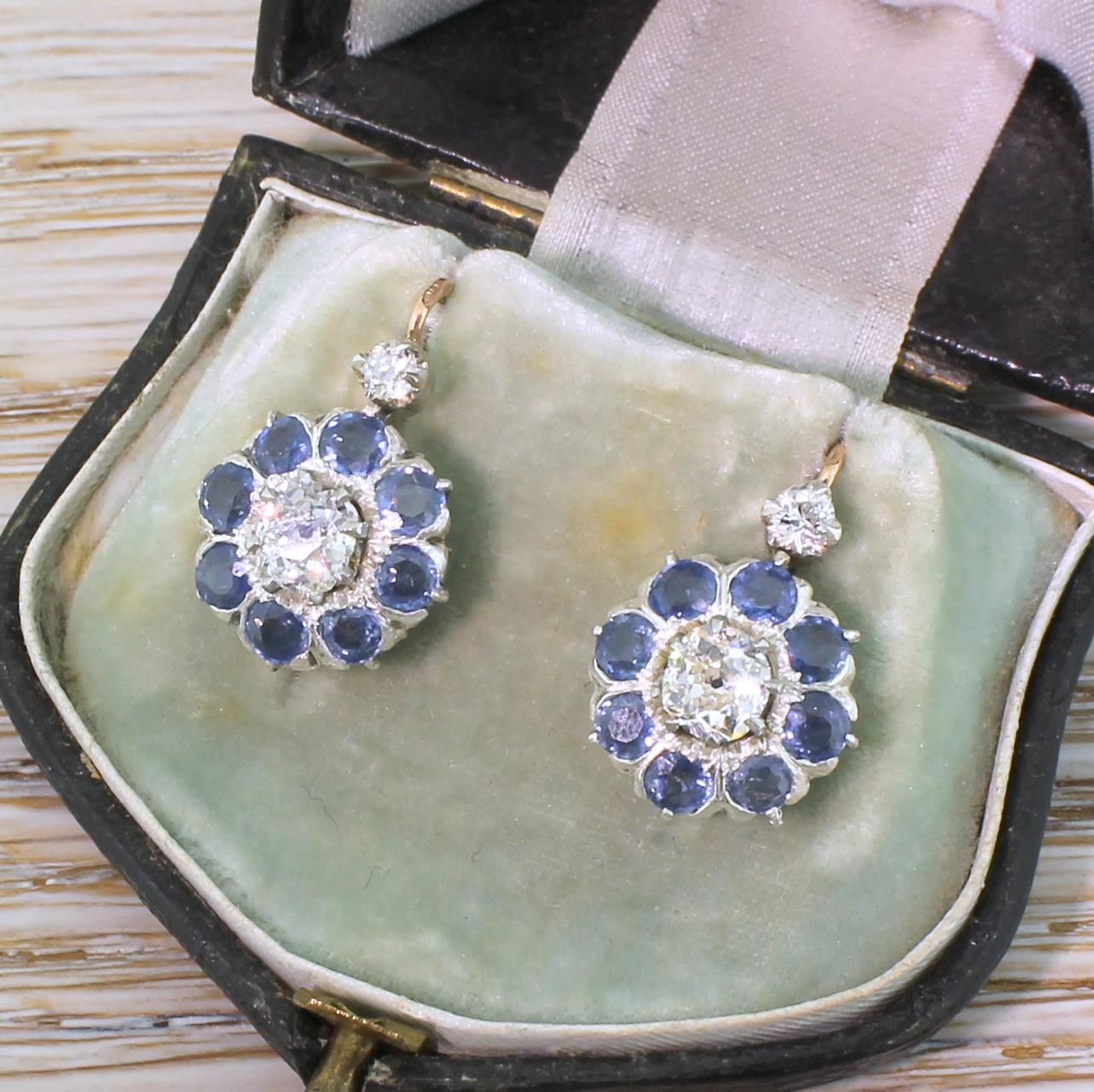 Victorian 1.49 Carat Diamond and 2.88 Carat Sapphire Earrings 4