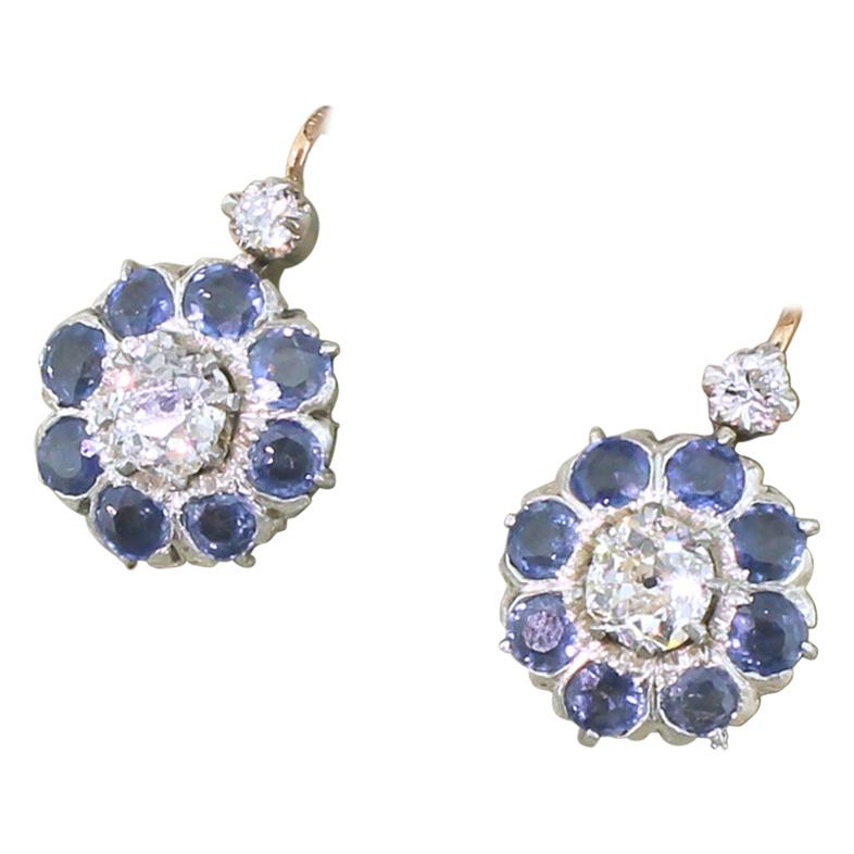 Victorian 1.49 Carat Diamond and 2.88 Carat Sapphire Earrings