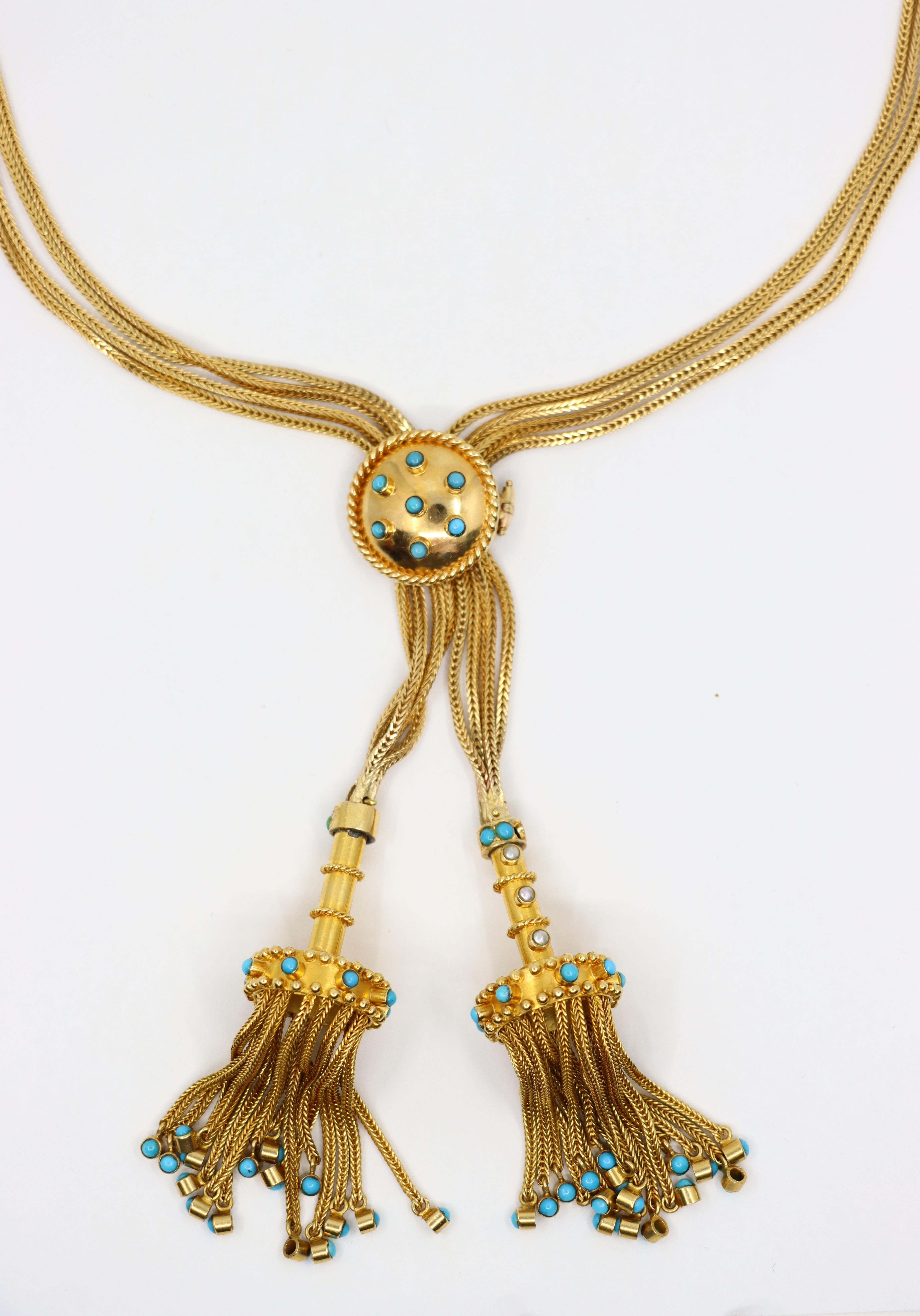 Vittoriano Catena di collana con ciondolo turchese in oro vittoriano 14K e 18K in vendita