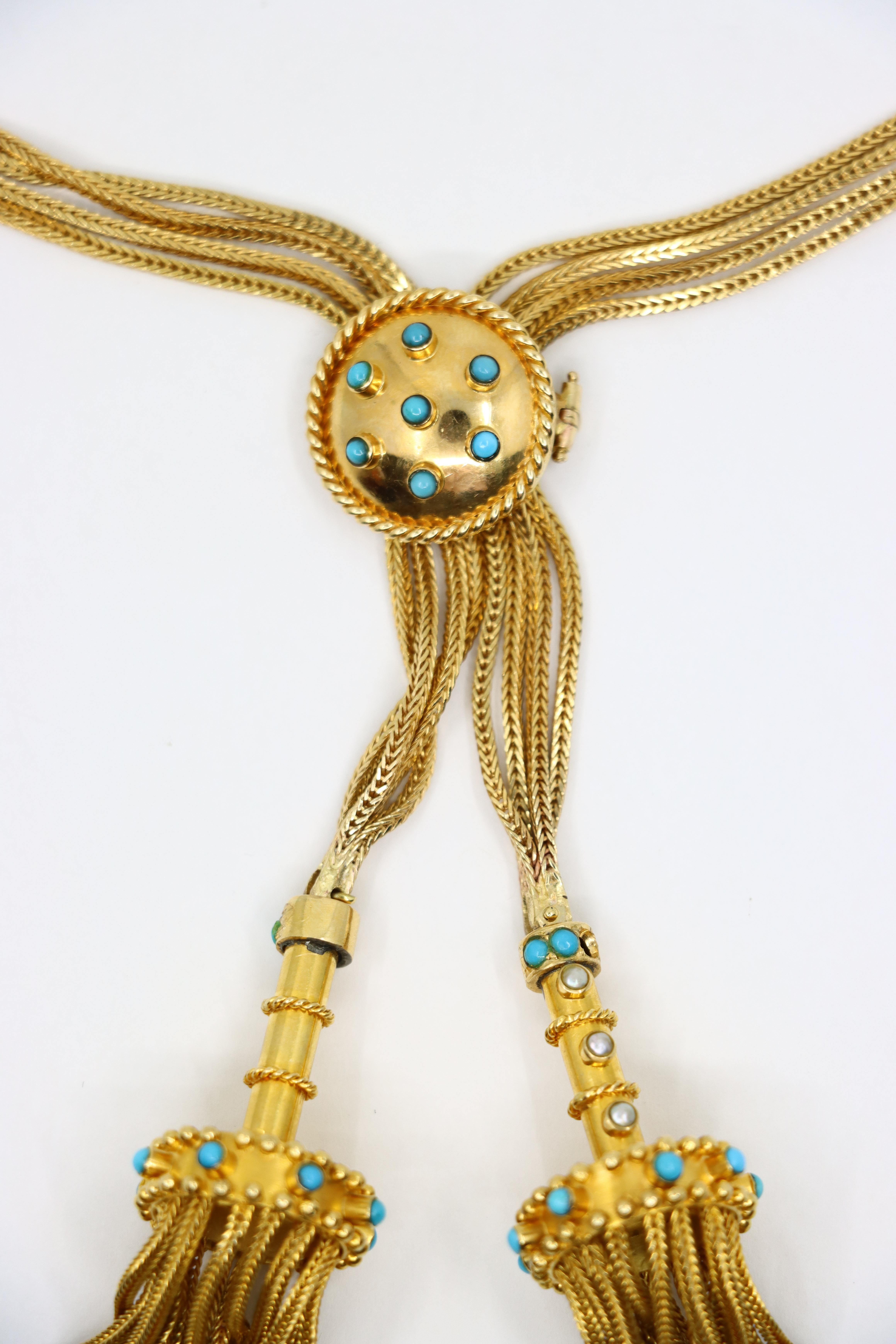 Perlina Catena di collana con ciondolo turchese in oro vittoriano 14K e 18K in vendita