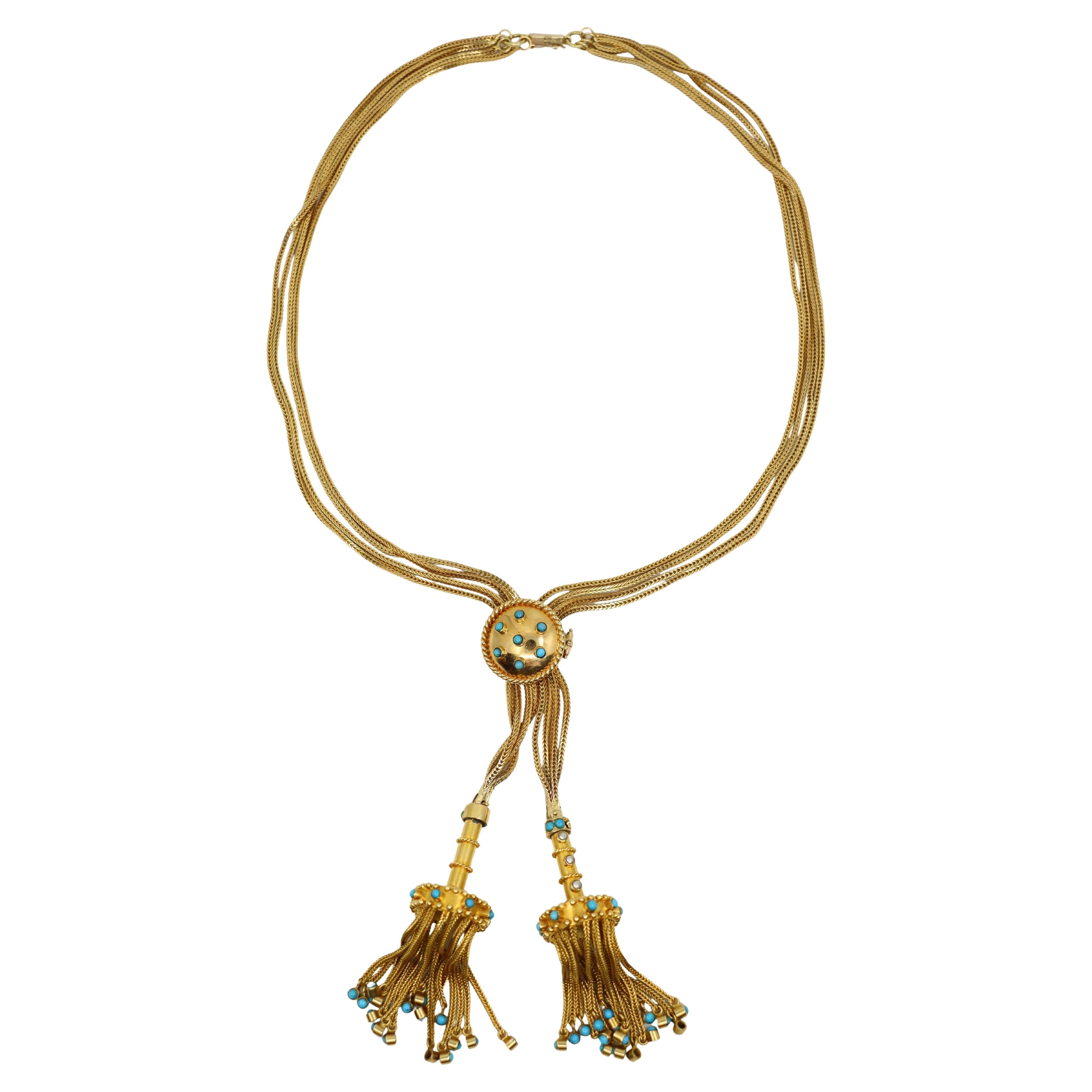 Victorian 14K & 18K Gold Turquoise Pendant Tassel Necklace Chain