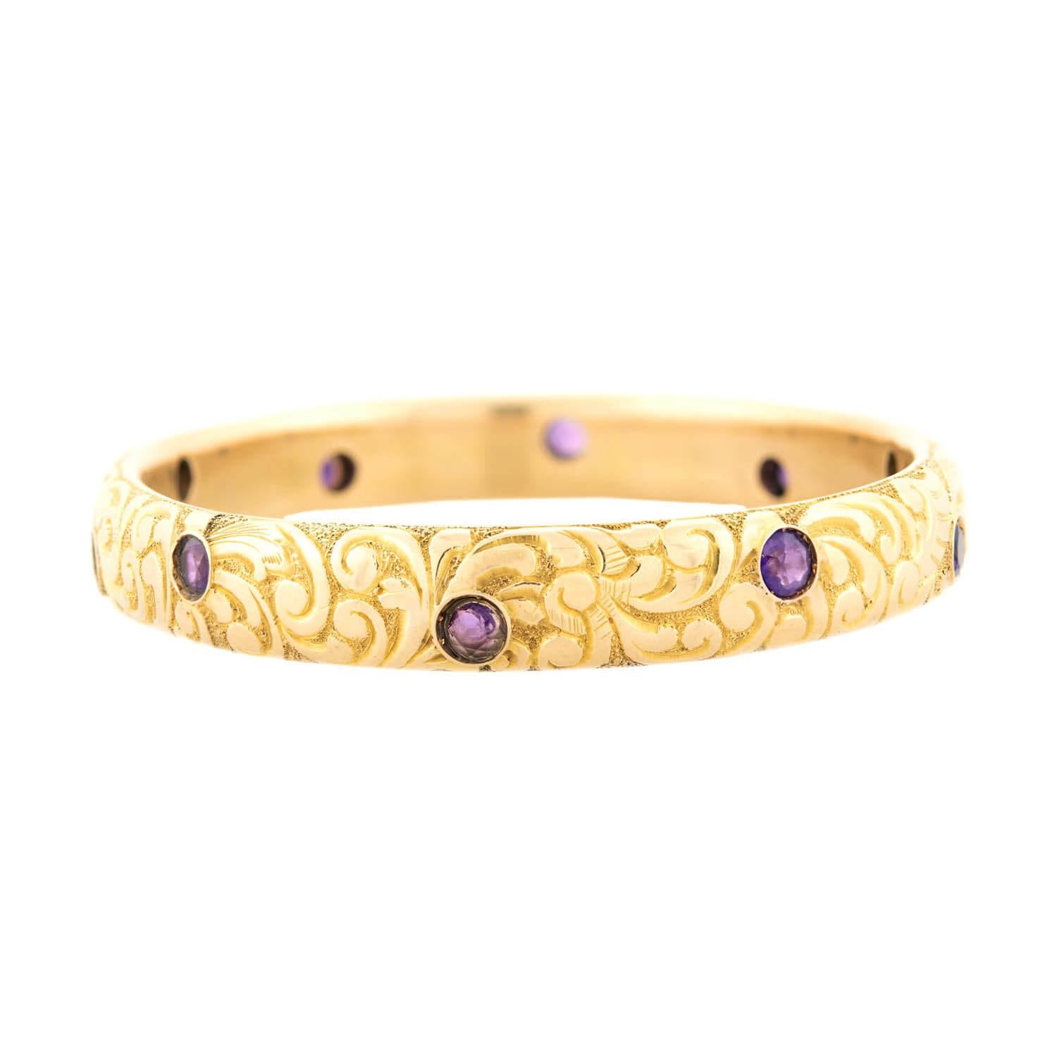 Round Cut Victorian 14k Amethyst Carved Scrolling Motif Bracelet For Sale