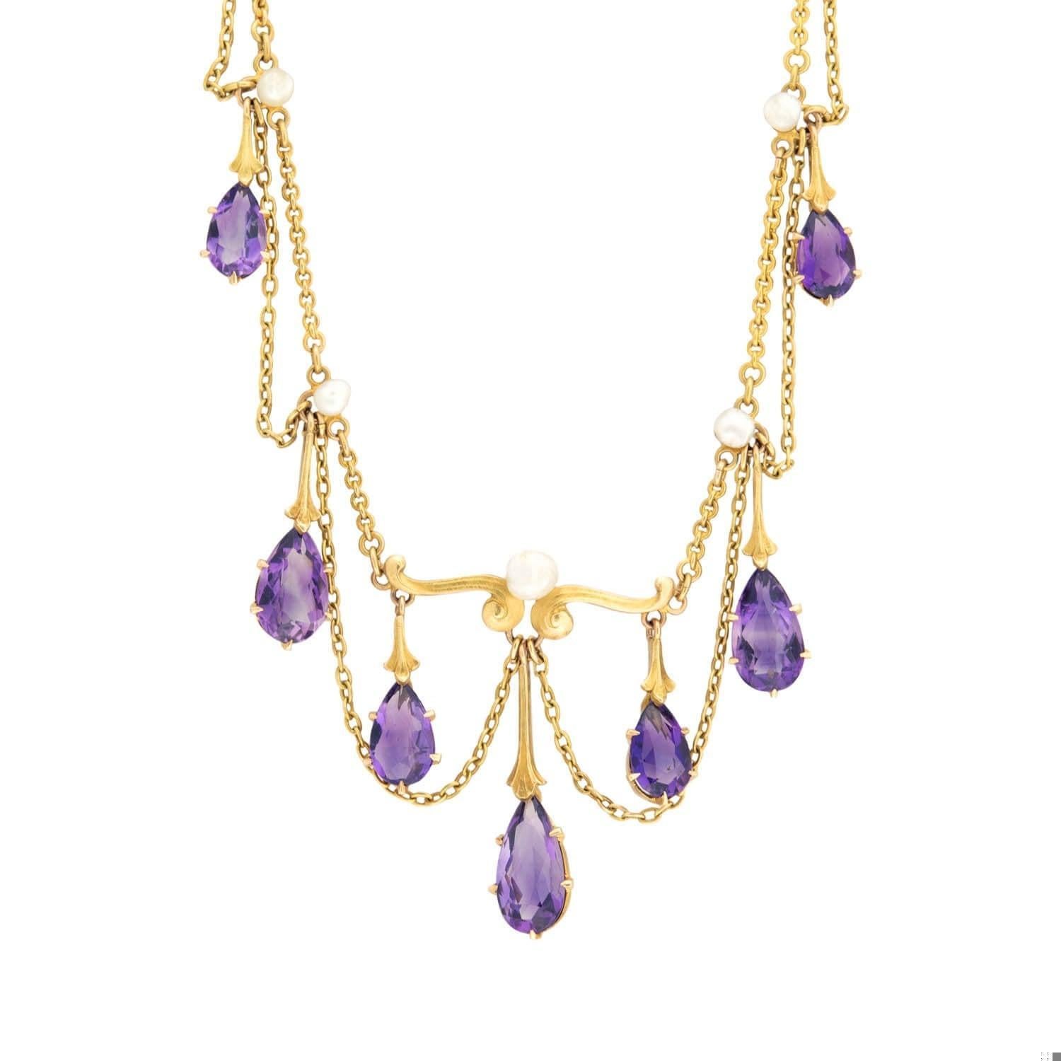 Collier feston victorien en améthyste et perles 14 carats Bon état - En vente à Narberth, PA