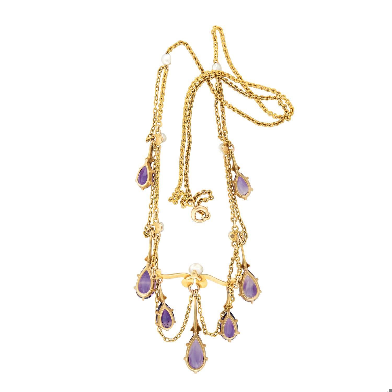 Collier feston victorien en améthyste et perles 14 carats Unisexe en vente