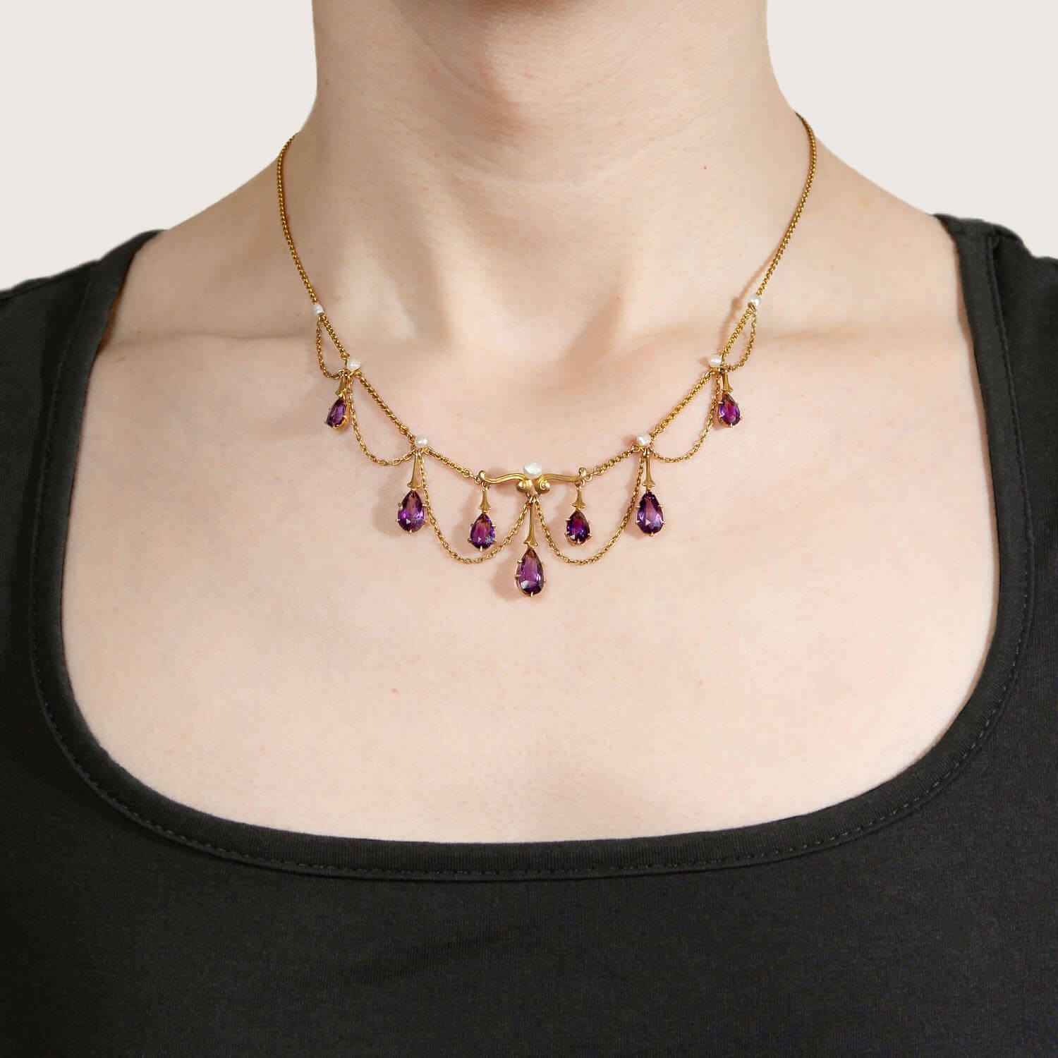 Collier feston victorien en améthyste et perles 14 carats en vente 2