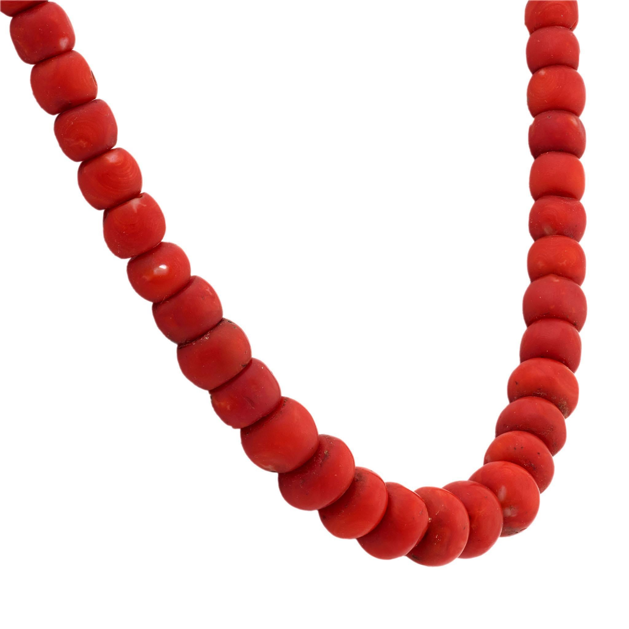 Round Cut Victorian 14k Coral Bead Necklace For Sale
