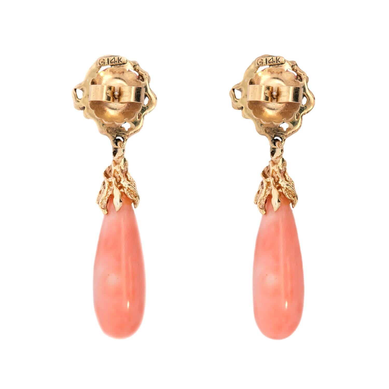 Viktorianische 14k Korallen-Tropfen-Ohrringe (Cabochon) im Angebot
