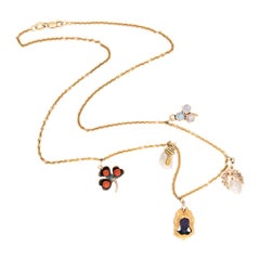 Victorian 14k Coral, Pearl, Amethyst, and Moonstone Charm Necklace