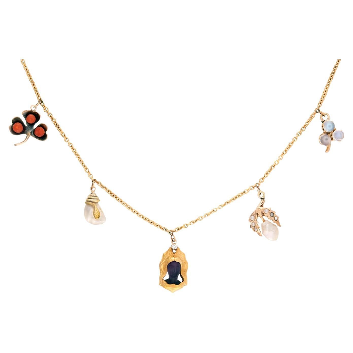 Victorian 14k Coral, Pearl, Amethyst, and Moonstone Charm Necklace For Sale