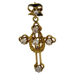 Pendentif croix en émail et diamants 14k Victorien