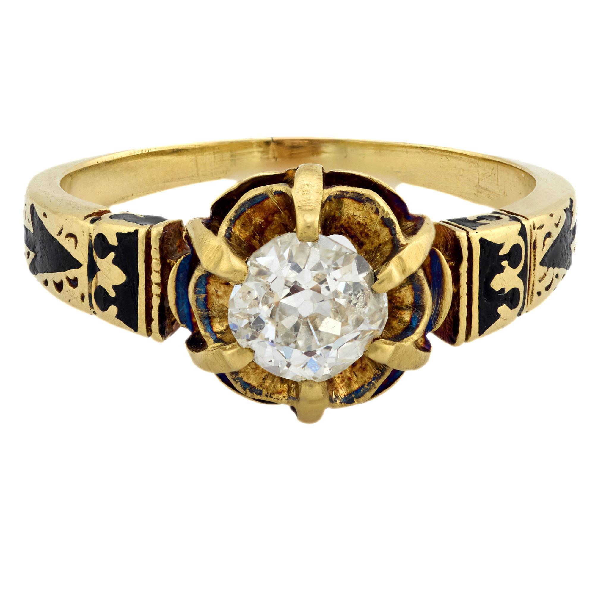 A lovely diamond engagement ring from the Victorian (ca1880s) era! Crafted in 14k vibrant yellow gold, this ring features a solitaire cushion cut mine cut diamond, which is held within a six-prong setting. The diamond has a carat weight of .70ct,