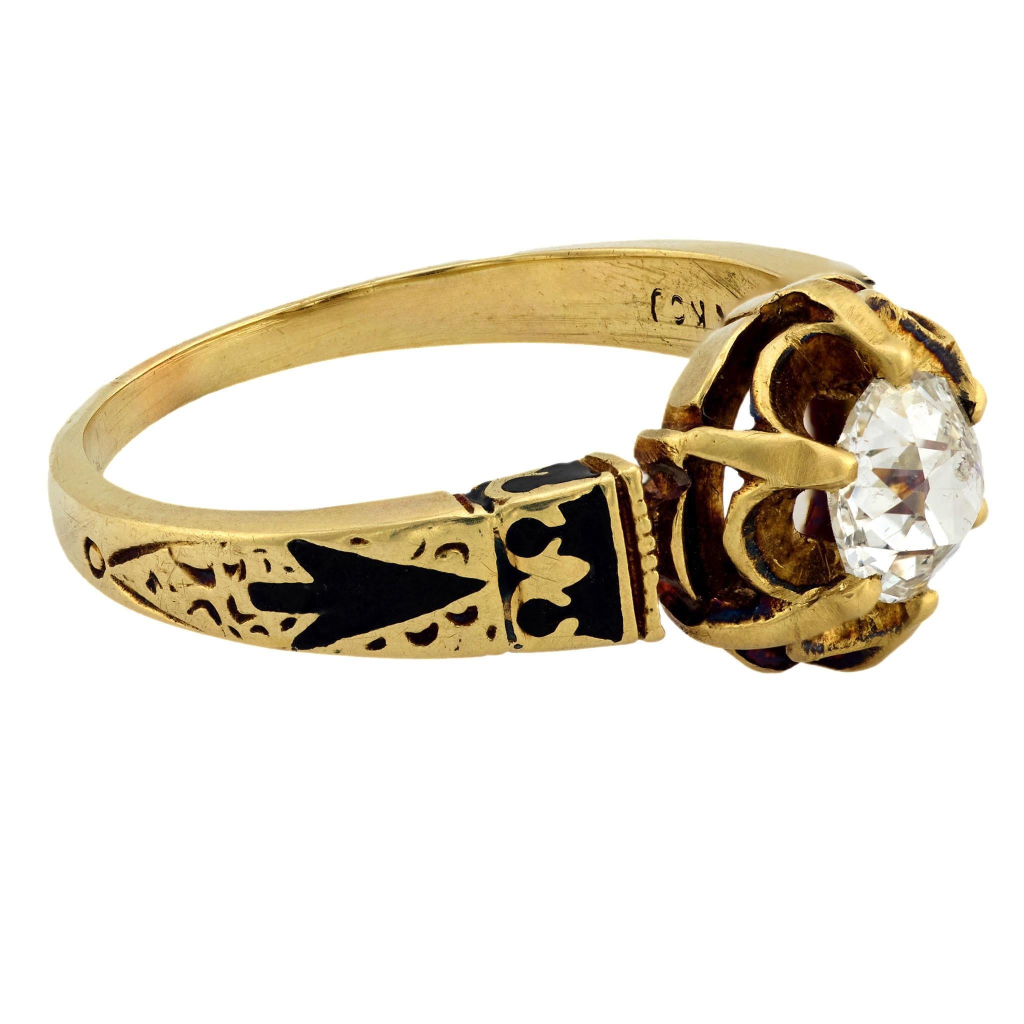 Cushion Cut Victorian 14k Diamond and Enamel Engagement Ring 0.70ct For Sale
