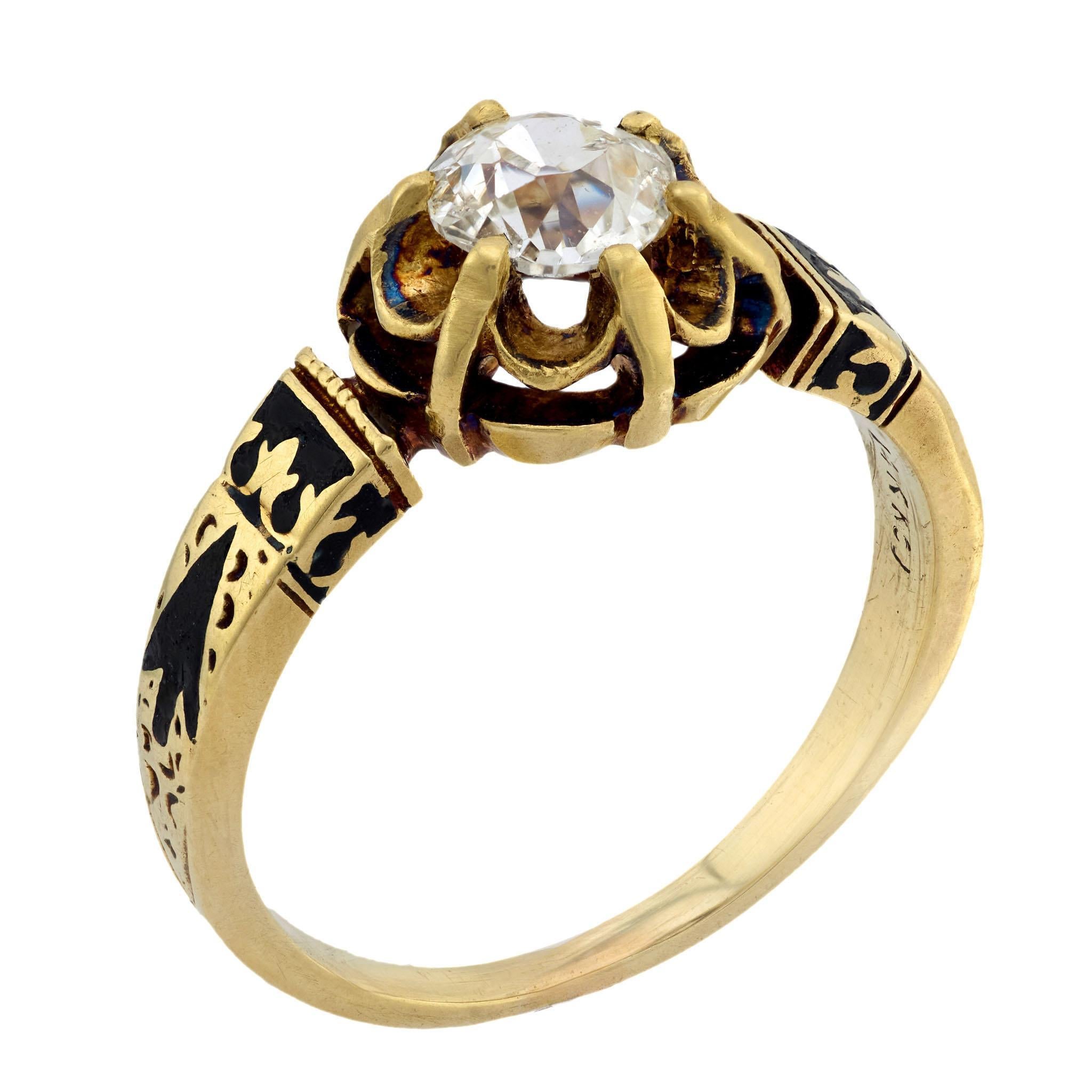 Victorian 14k Diamond and Enamel Engagement Ring 0.70ct In Good Condition For Sale In Narberth, PA