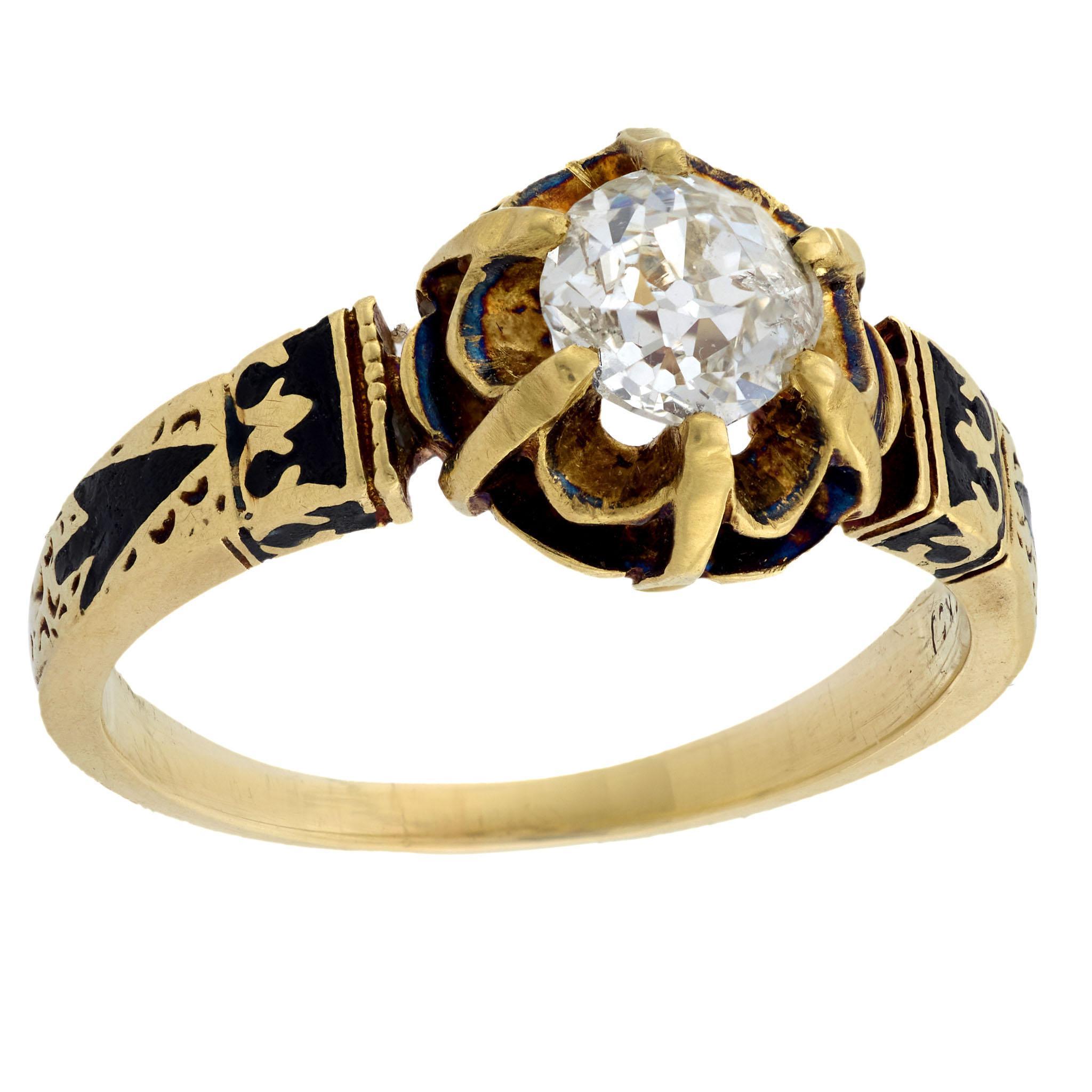 Victorian 14k Diamond and Enamel Engagement Ring 0.70ct For Sale