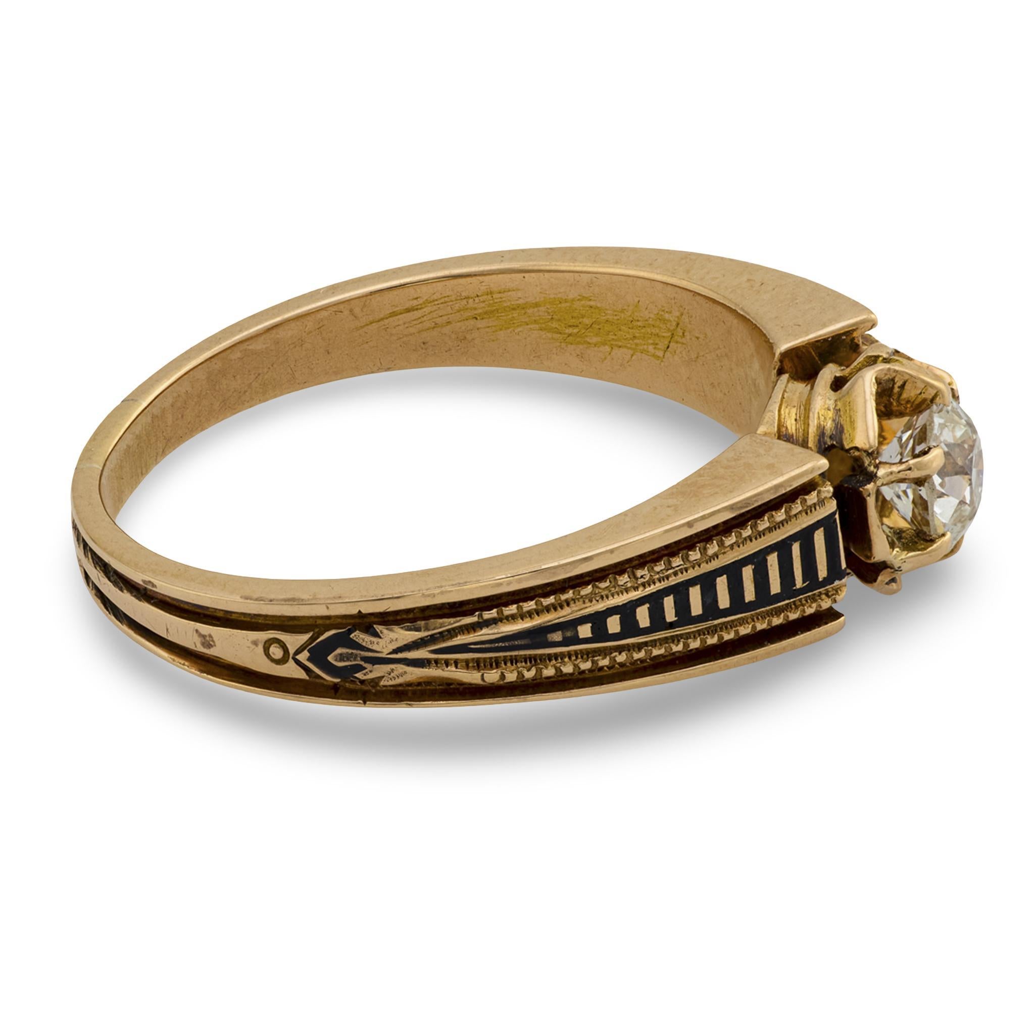 Taille vieille mine Bague de fiançailles victorienne 14k diamant et émail .4ct en vente