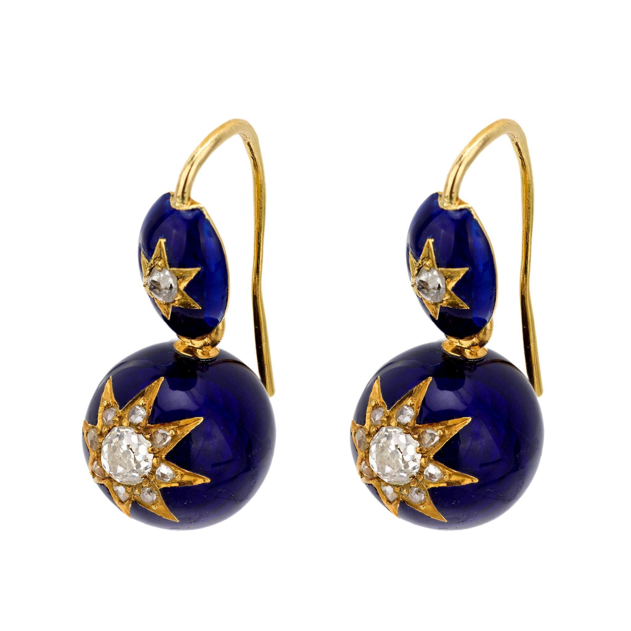 Vittoriano Orecchini vittoriani a goccia con diamante e motivo a stella smaltato in 14k in vendita