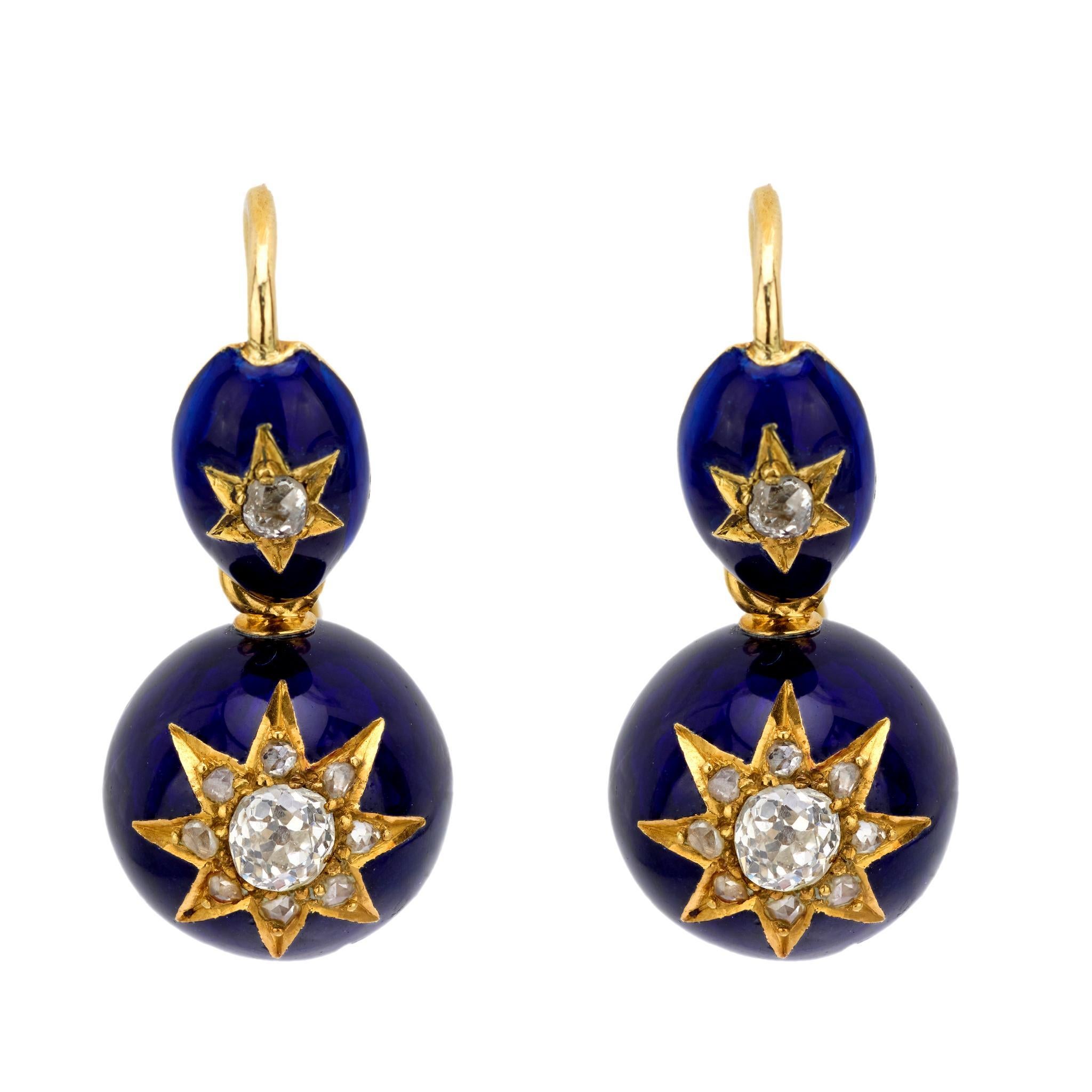 Victorian 14k Diamond and Enamel Star Motif Drop Earrings