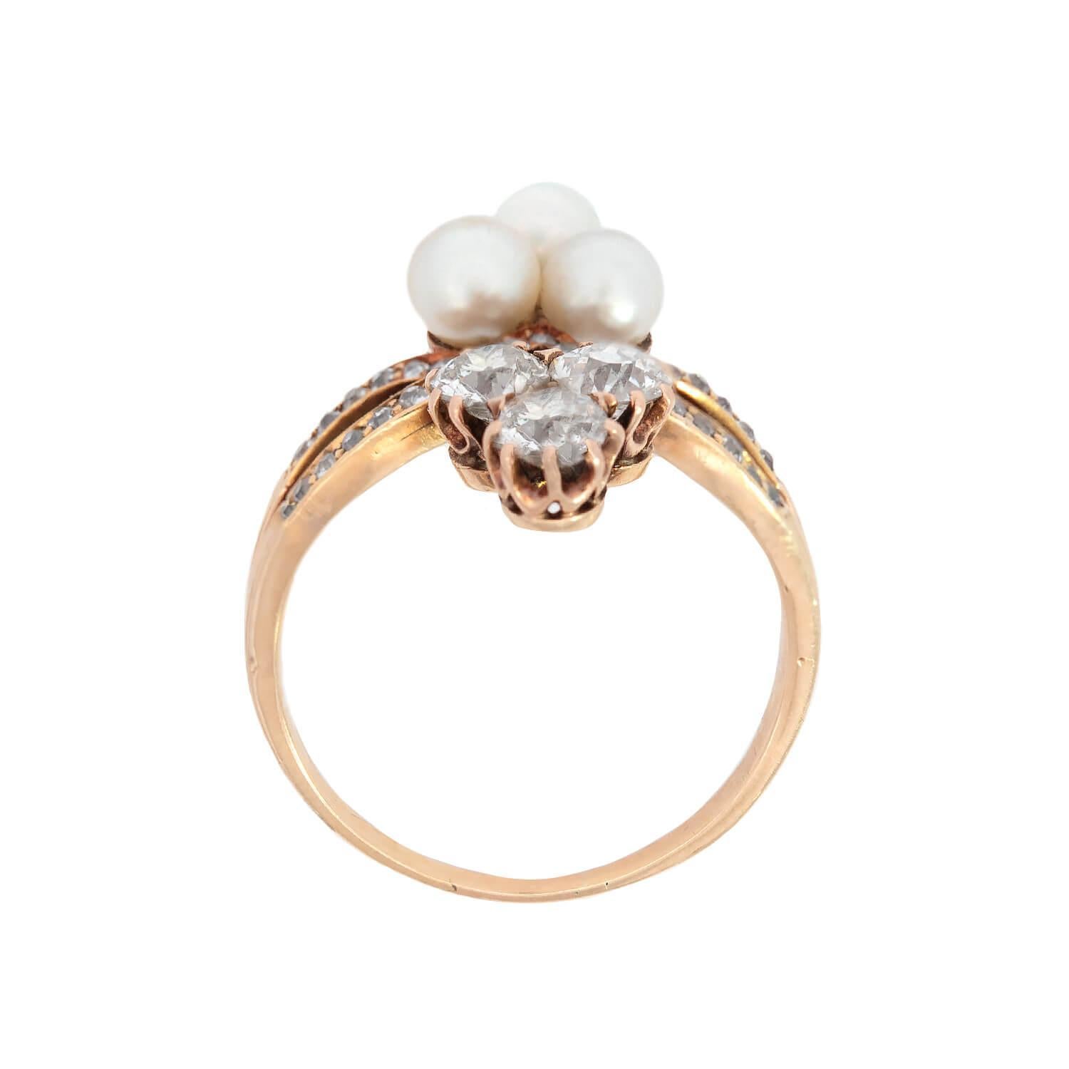 Old Mine Cut Victorian 14k Diamond and Pearl Trefoil Ring For Sale