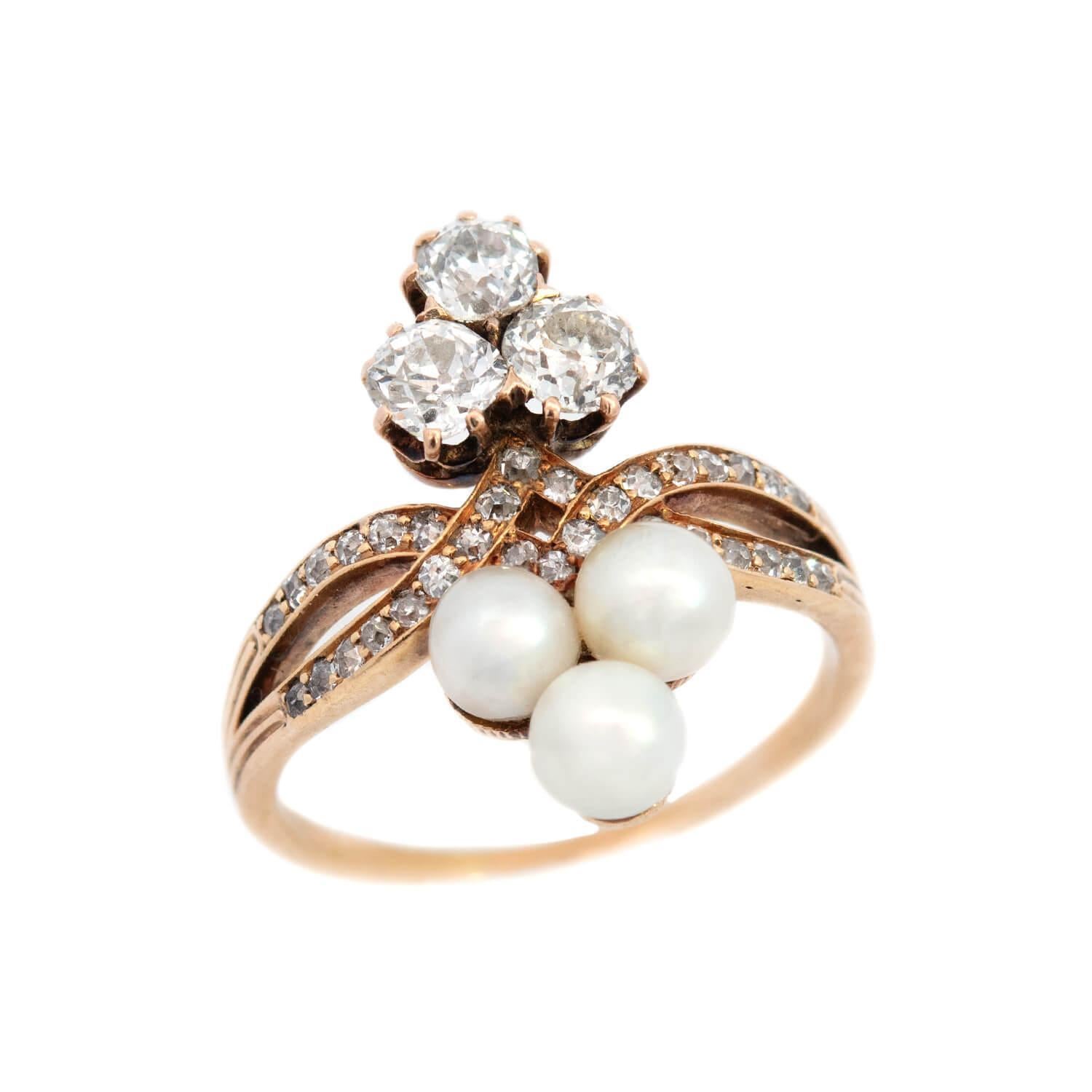 Victorian 14k Diamond and Pearl Trefoil Ring In Good Condition For Sale In Narberth, PA